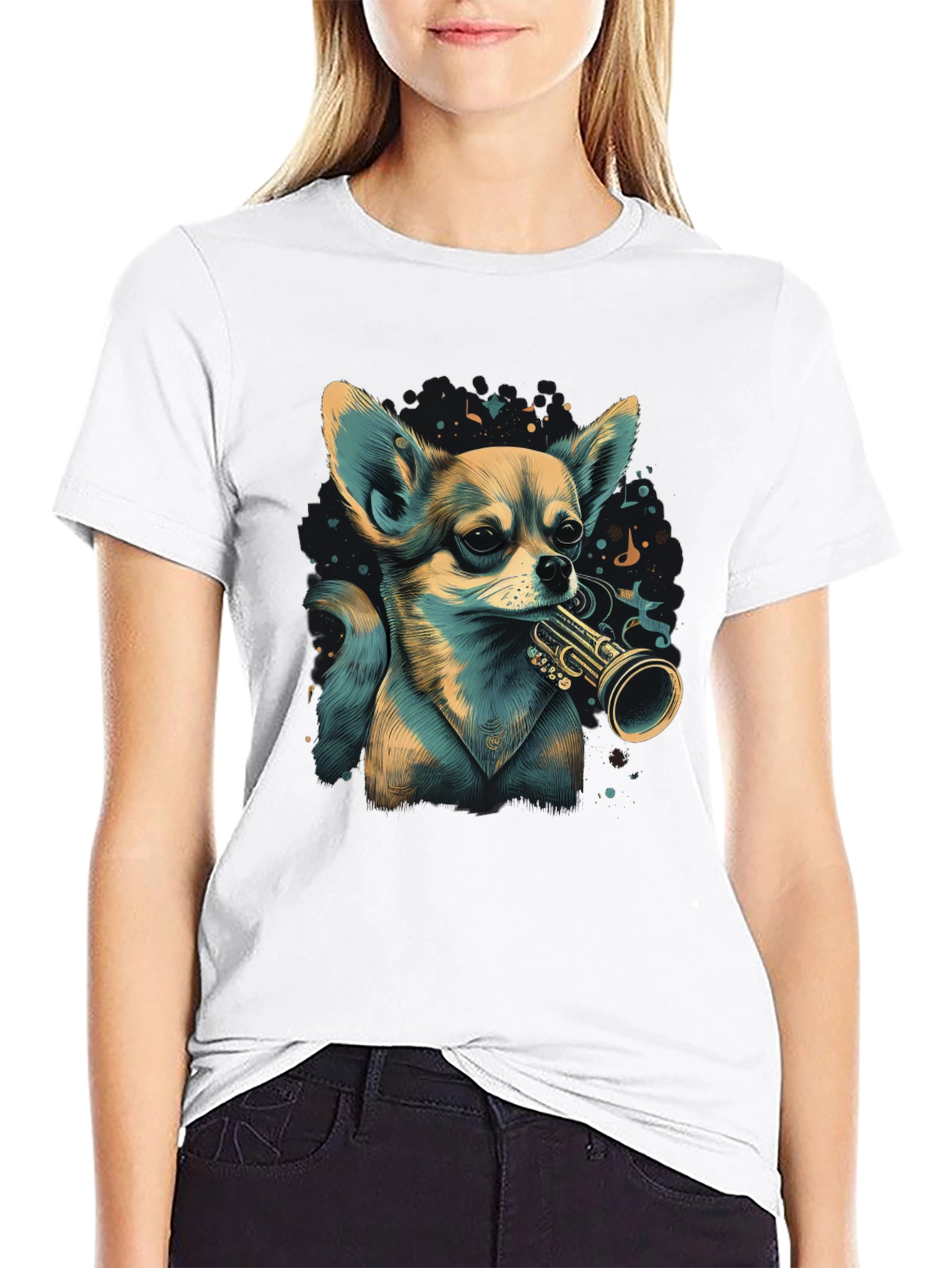 Dog with Trumpet Graphic Black T-Shirt