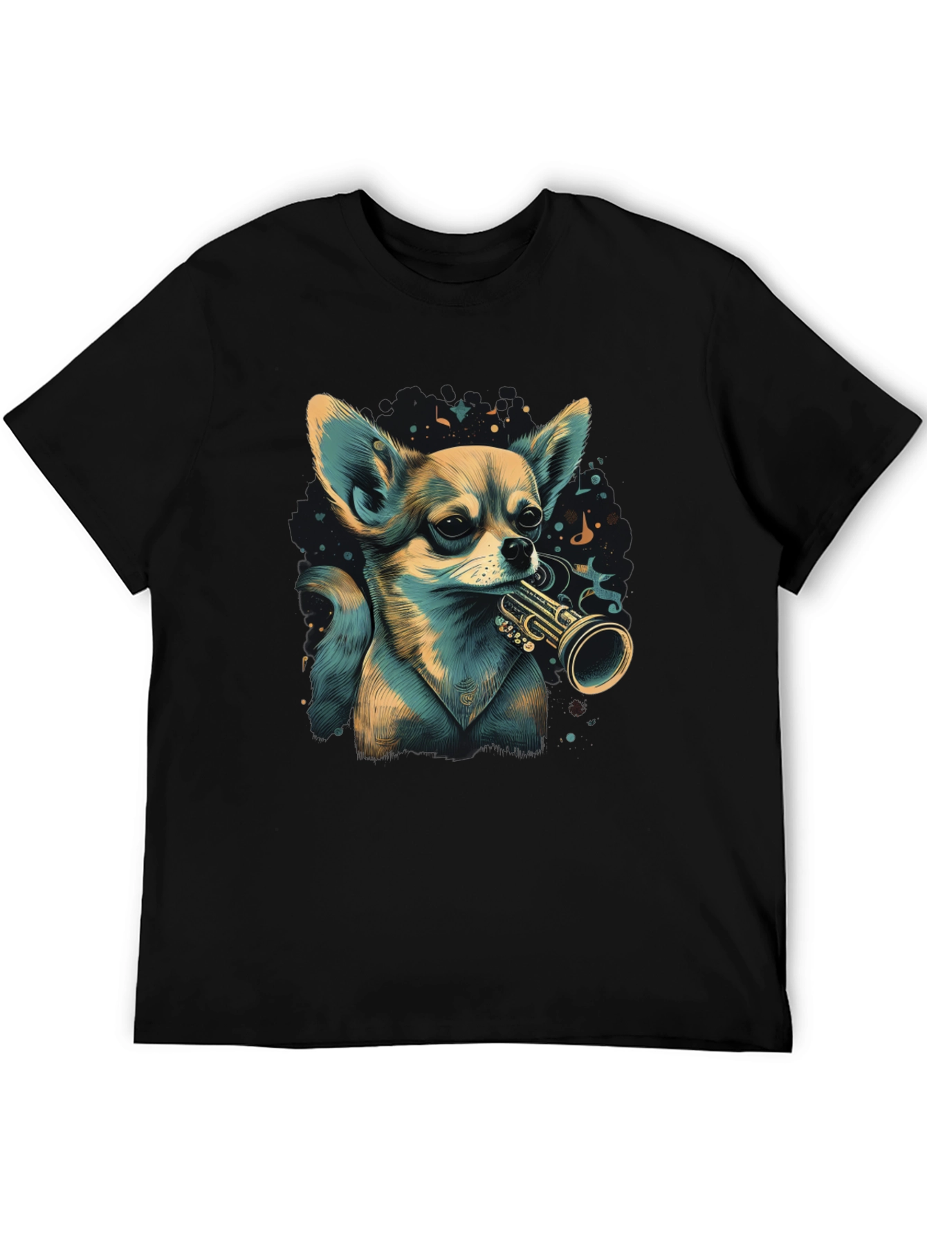 Dog with Trumpet Graphic Black T-Shirt