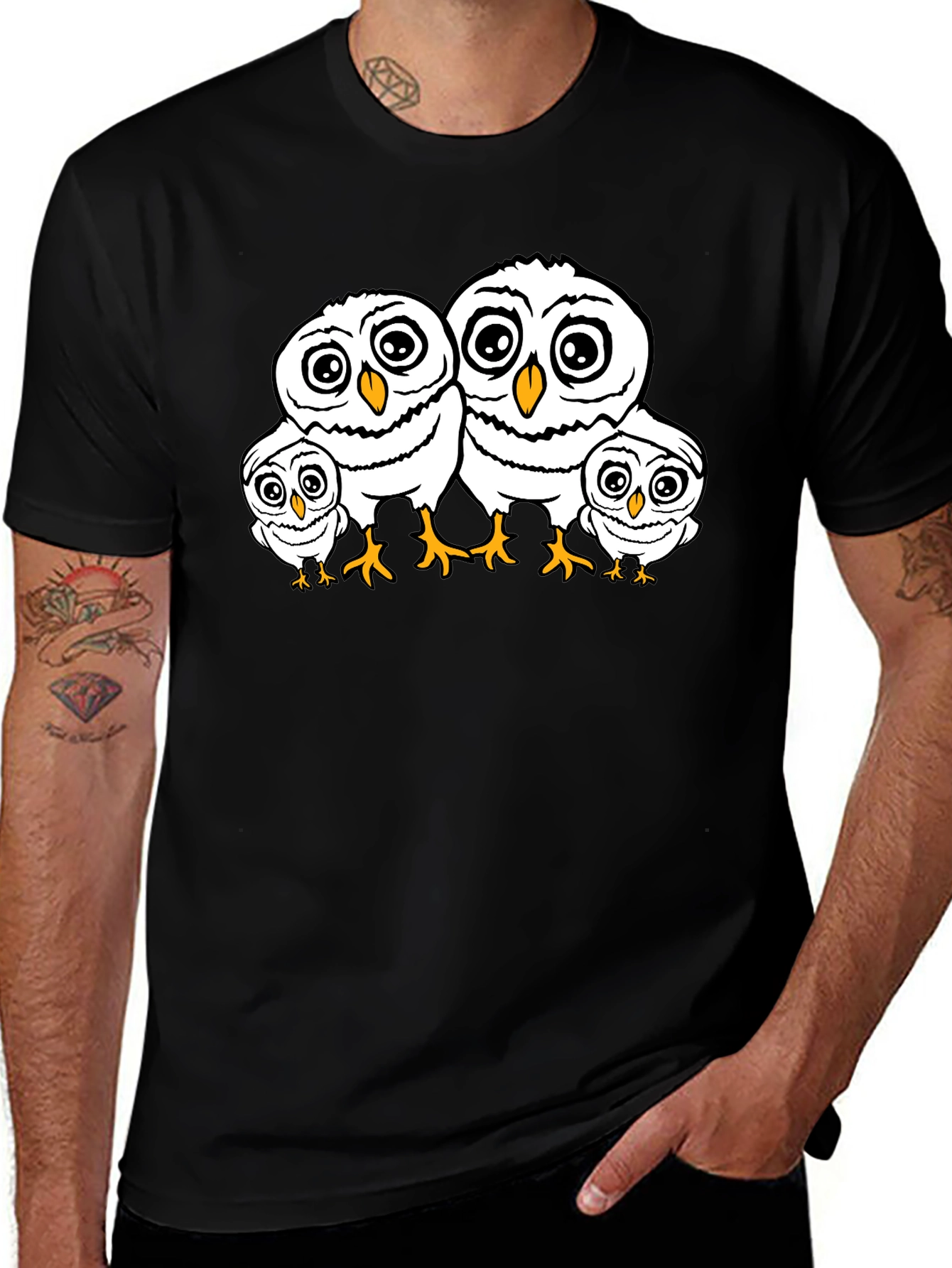 Cute Owl Family T-Shirt - Black Crew Neck Tee