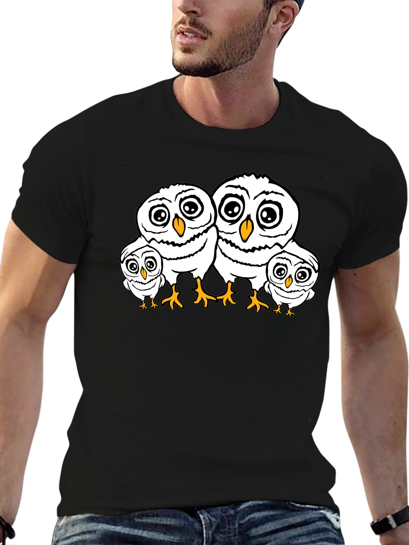 Cute Owl Family T-Shirt - Black Crew Neck Tee