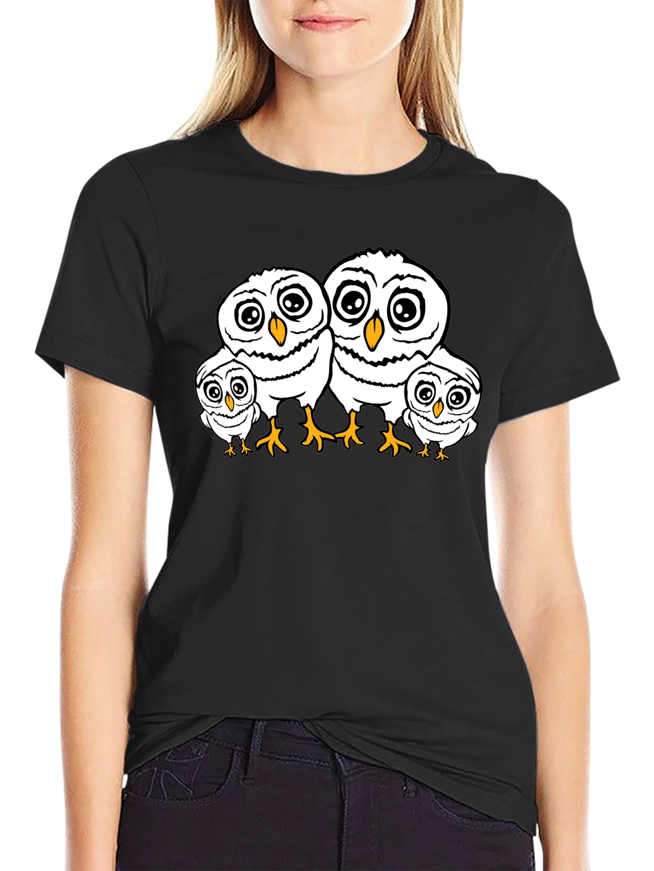 Cute Owl Family T-Shirt - Black Crew Neck Tee