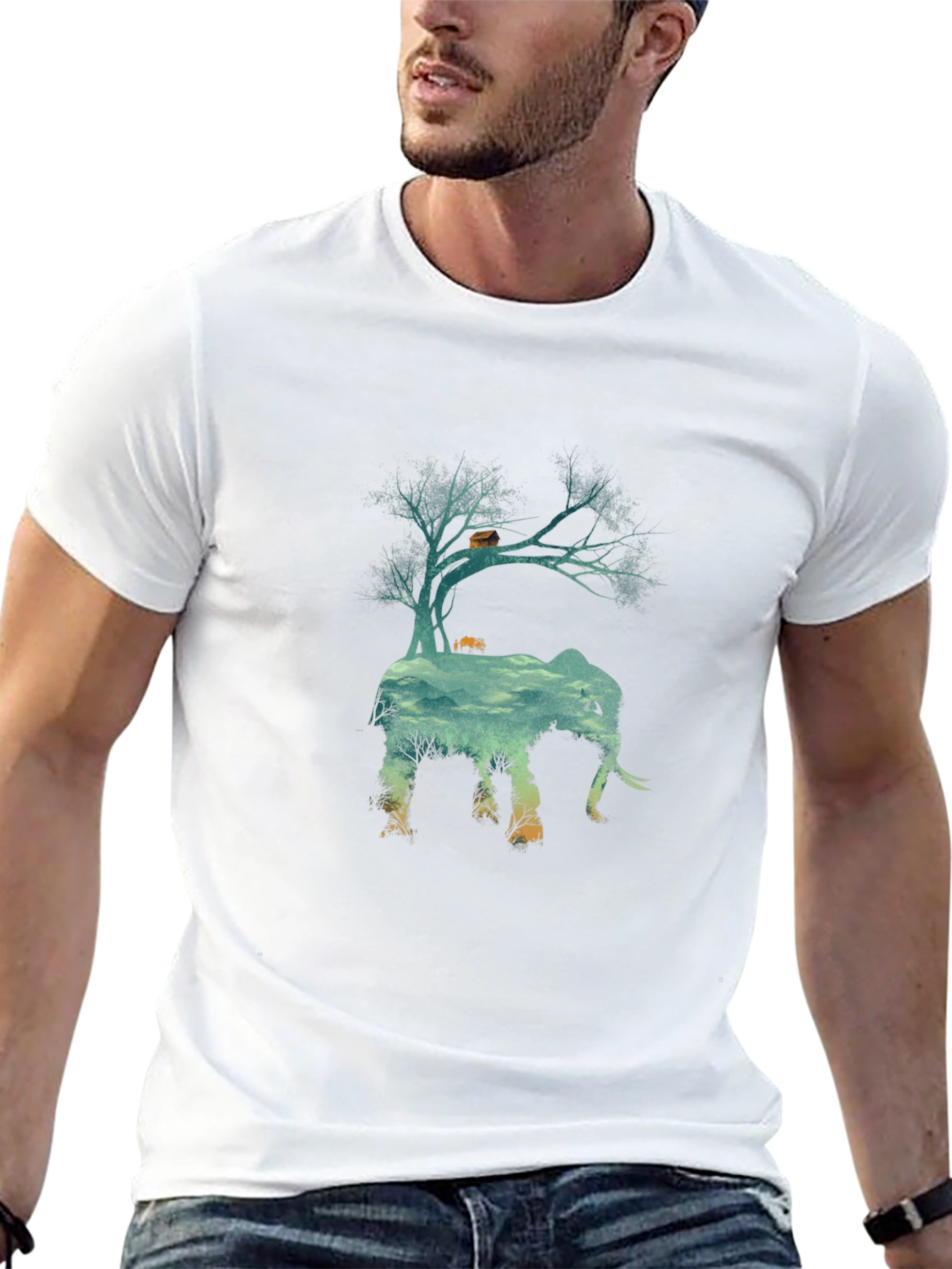 Nature Elephant Graphic Tee - Black Crew Neck T-Shirt