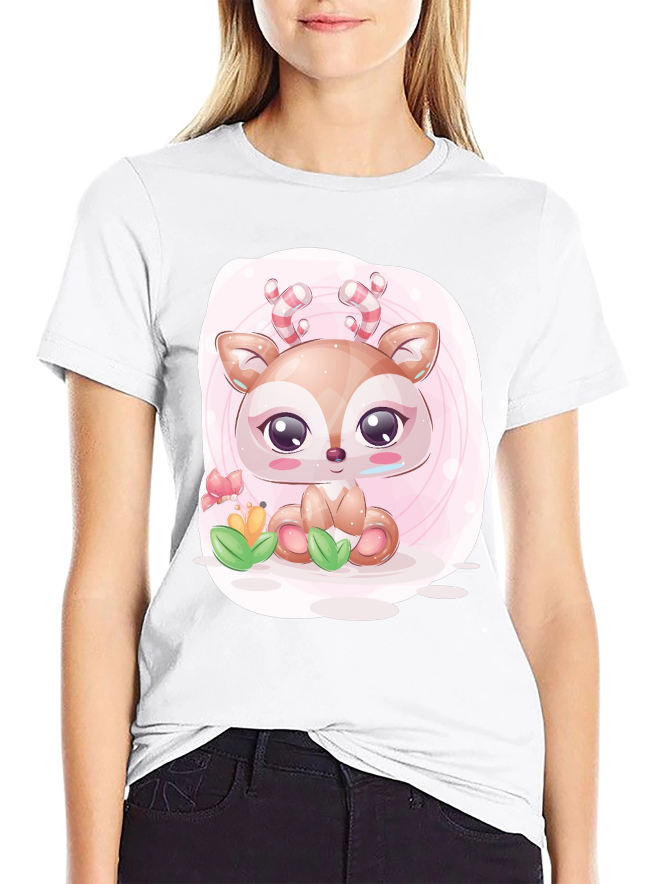 Cute Deer Graphic Tee - Black Casual T-Shirt