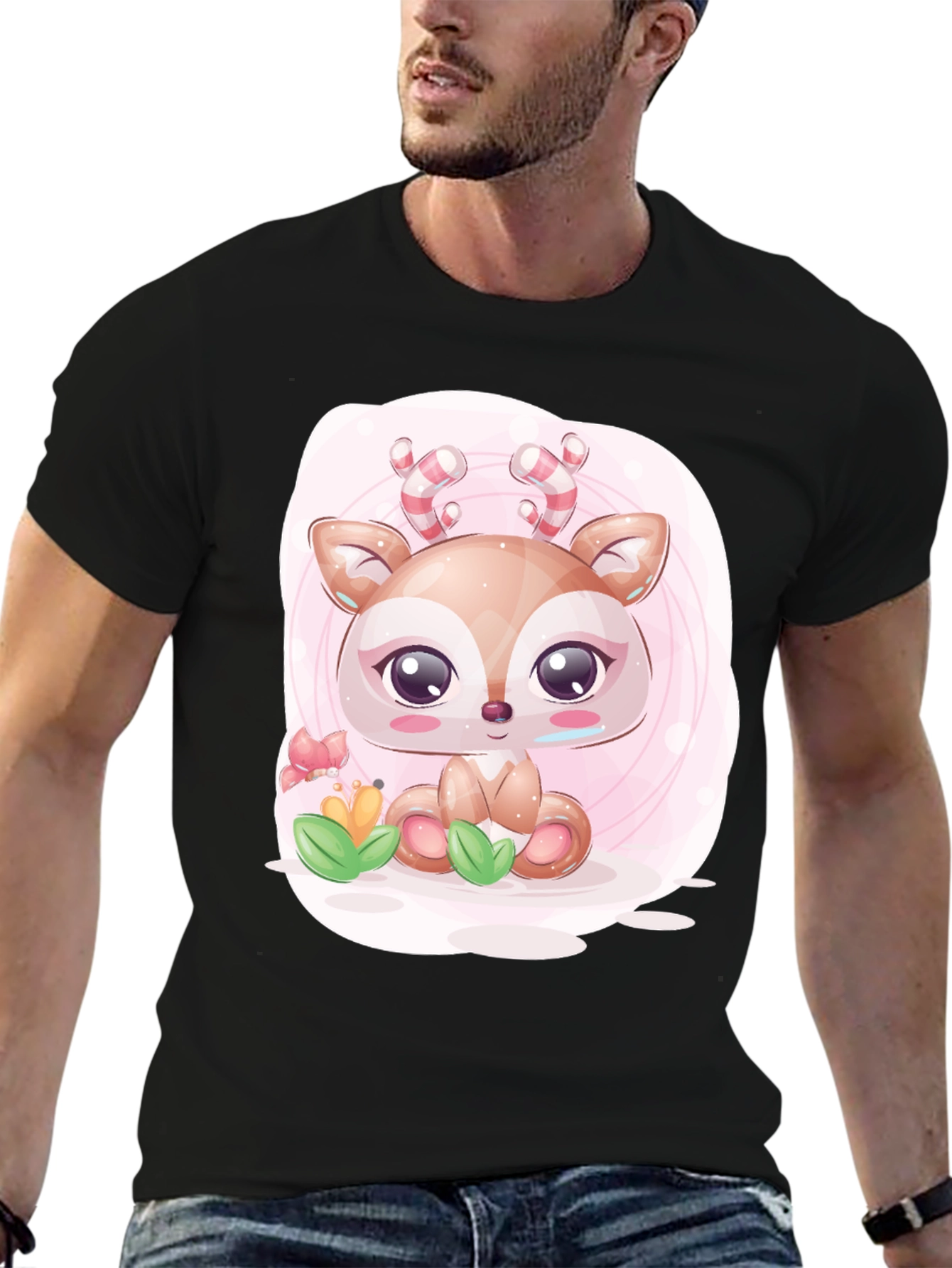 Cute Deer Graphic Tee - Black Casual T-Shirt