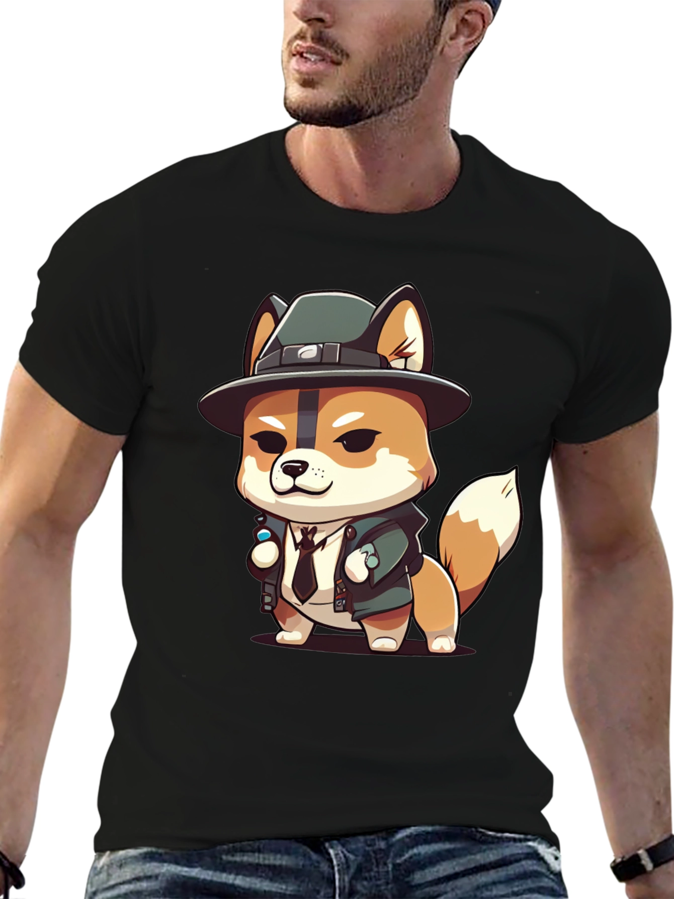 Cartoon Dog Detective Black T-Shirt