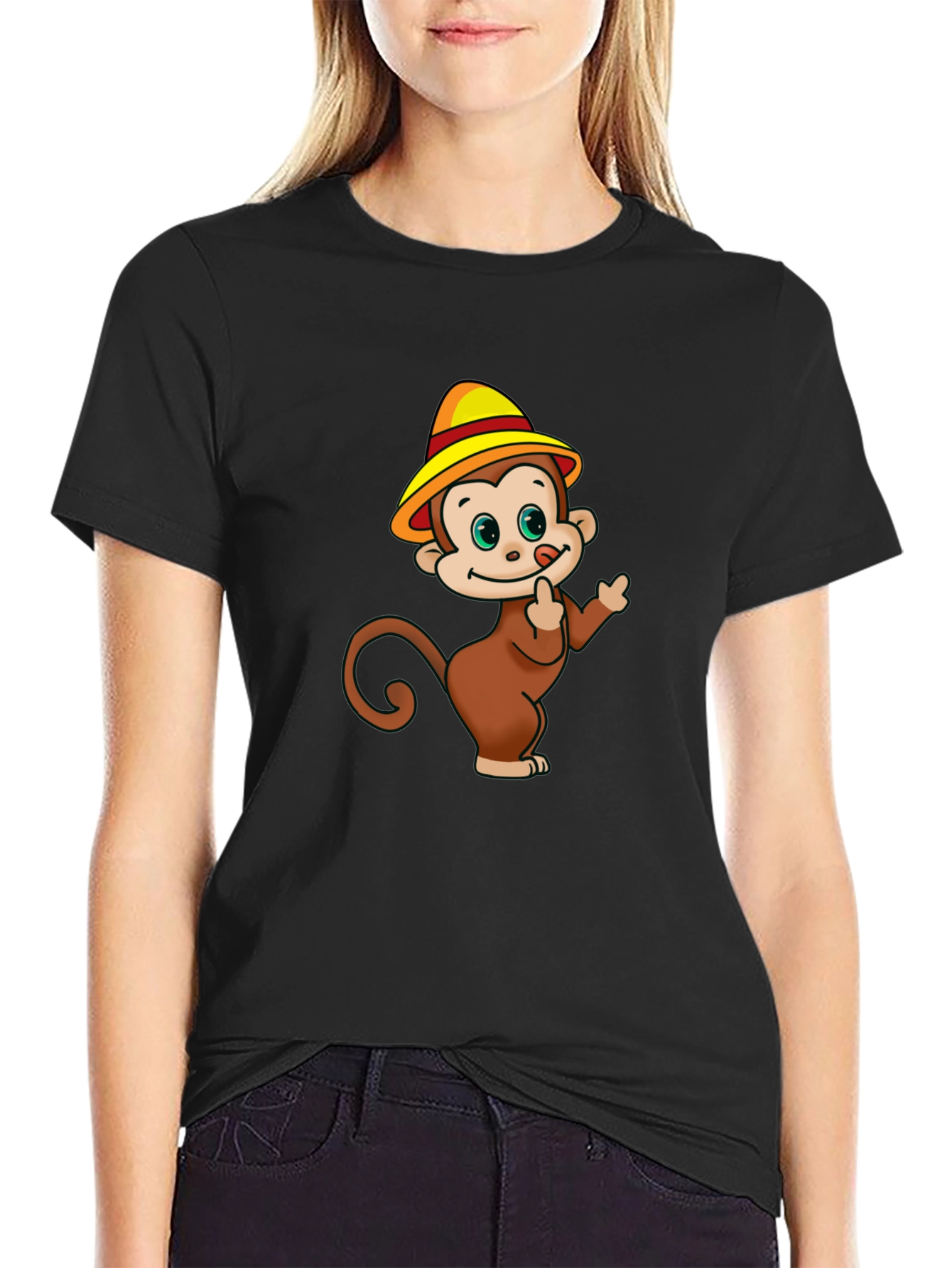 Cartoon Monkey Graphic Black T-Shirt