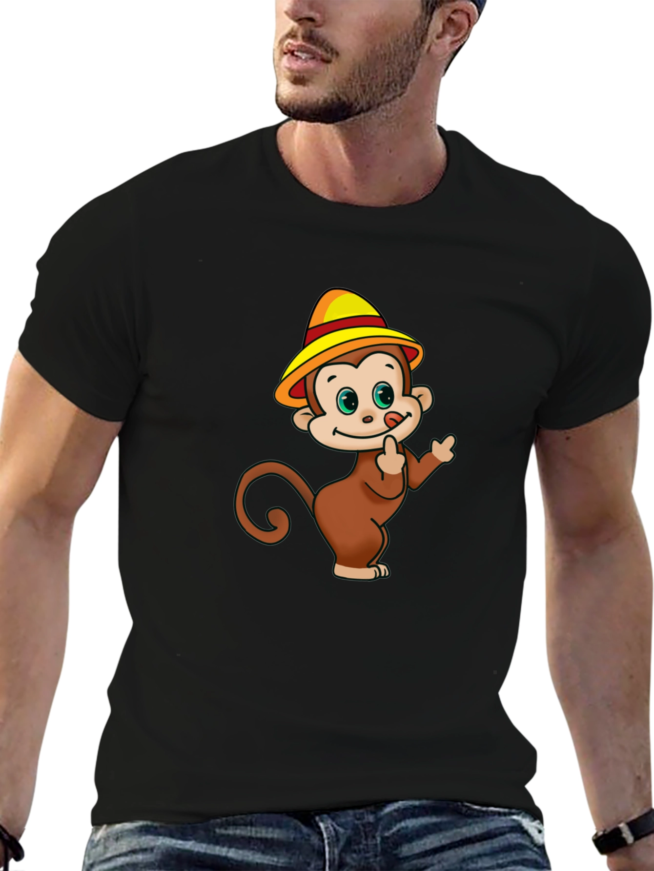 Cartoon Monkey Graphic Black T-Shirt