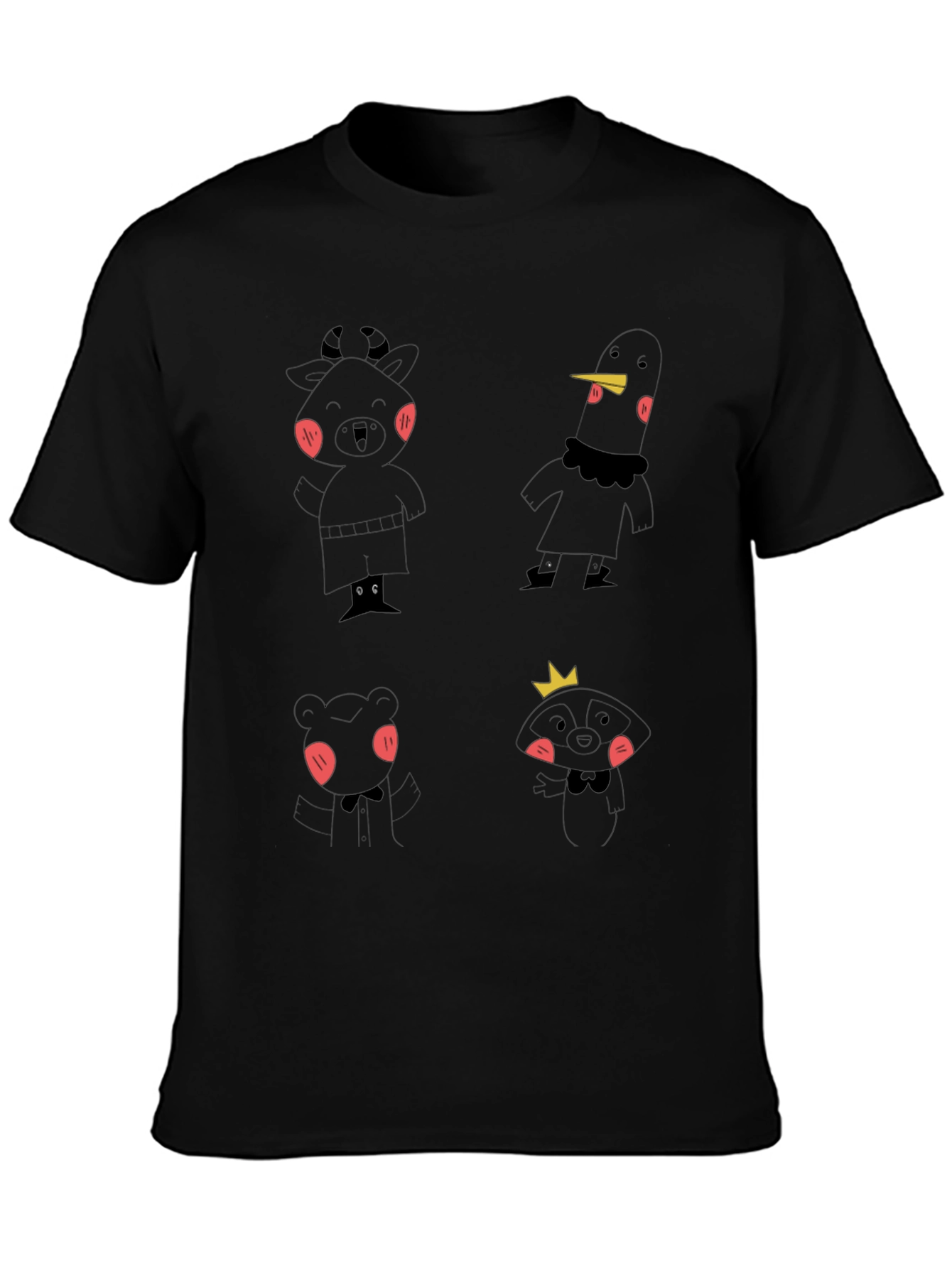 Fun Cartoon Character Print Black T-Shirt