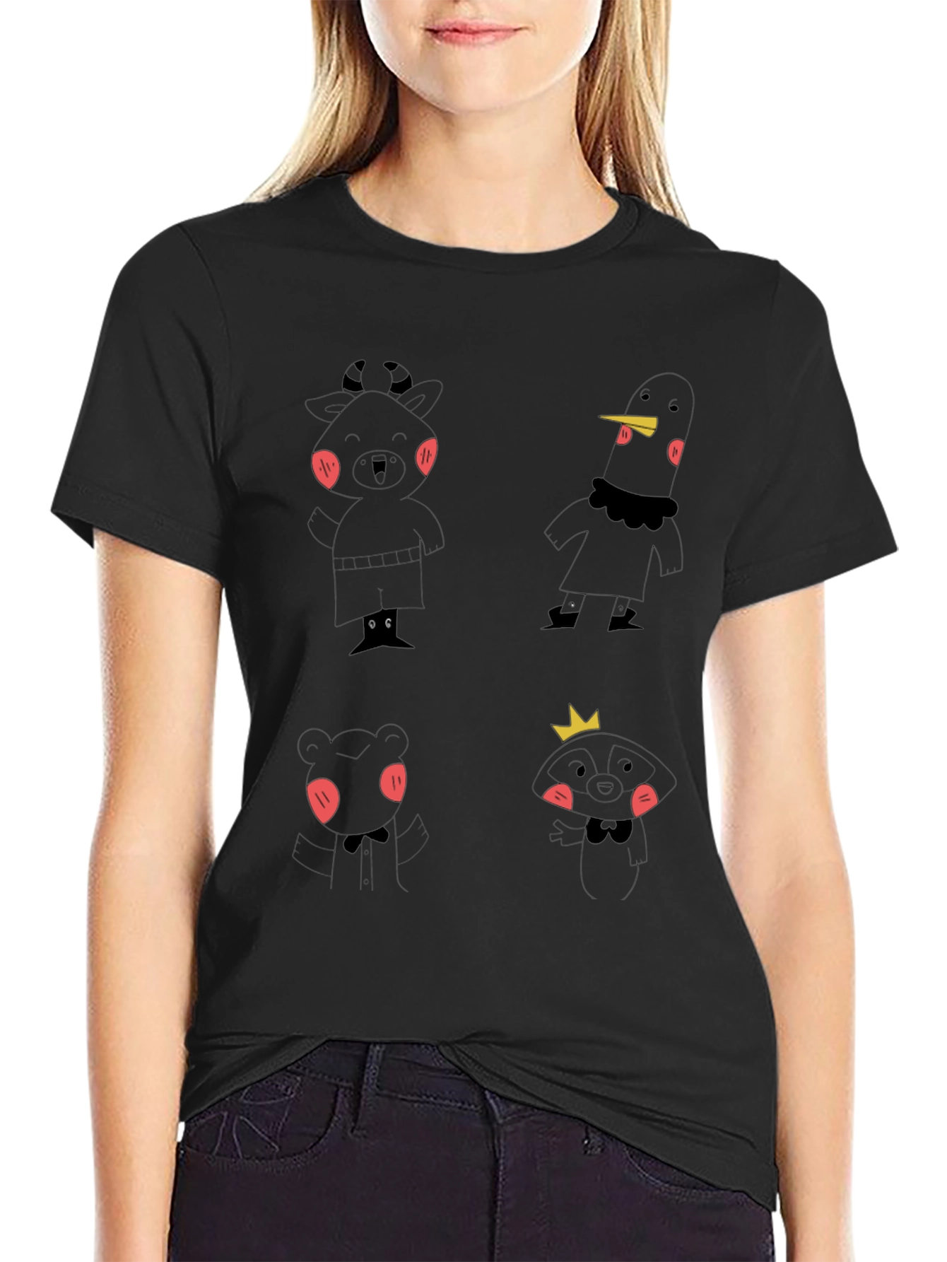 Fun Cartoon Character Print Black T-Shirt