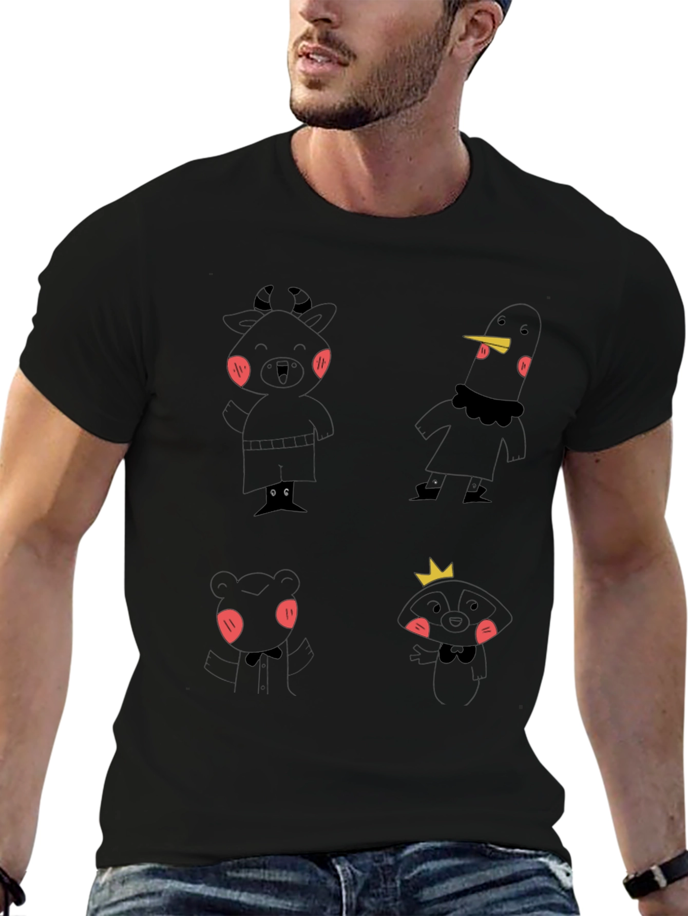 Fun Cartoon Character Print Black T-Shirt