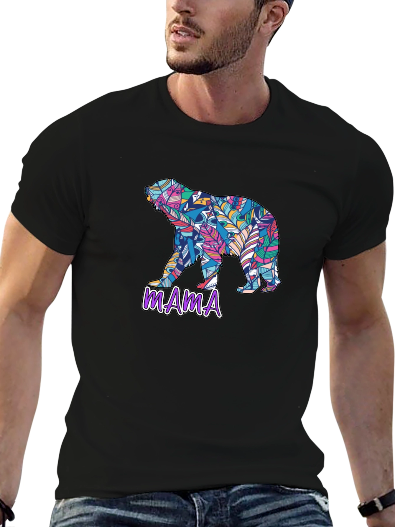 Mama Bear Feather Design Black T-Shirt