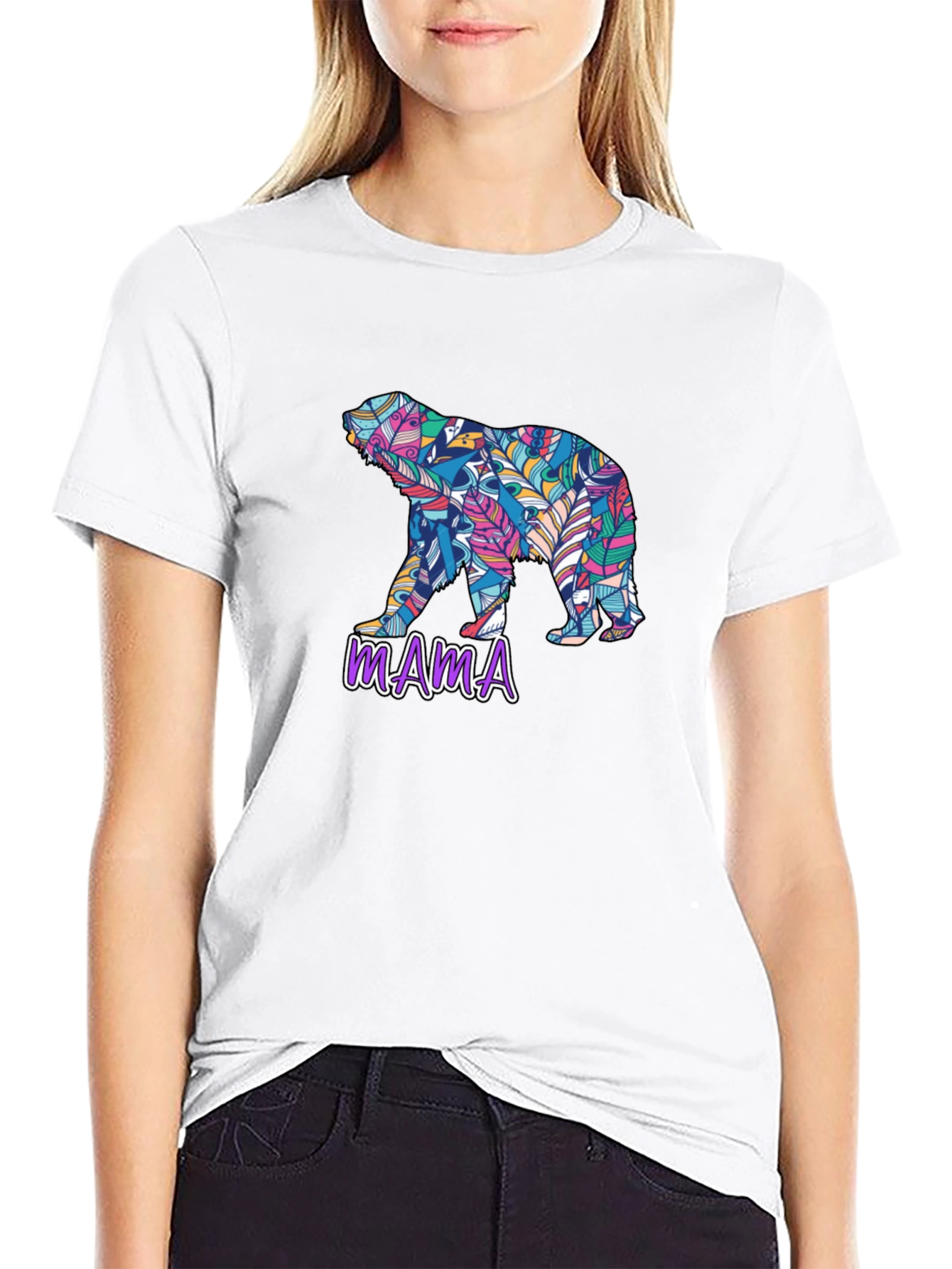 Mama Bear Feather Design Black T-Shirt