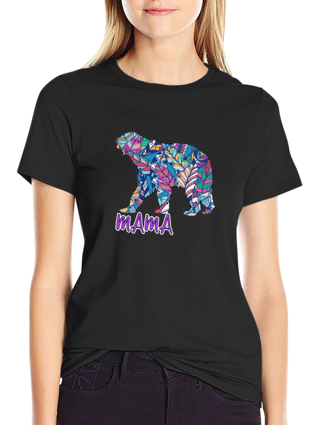 Mama Bear Feather Design Black T-Shirt