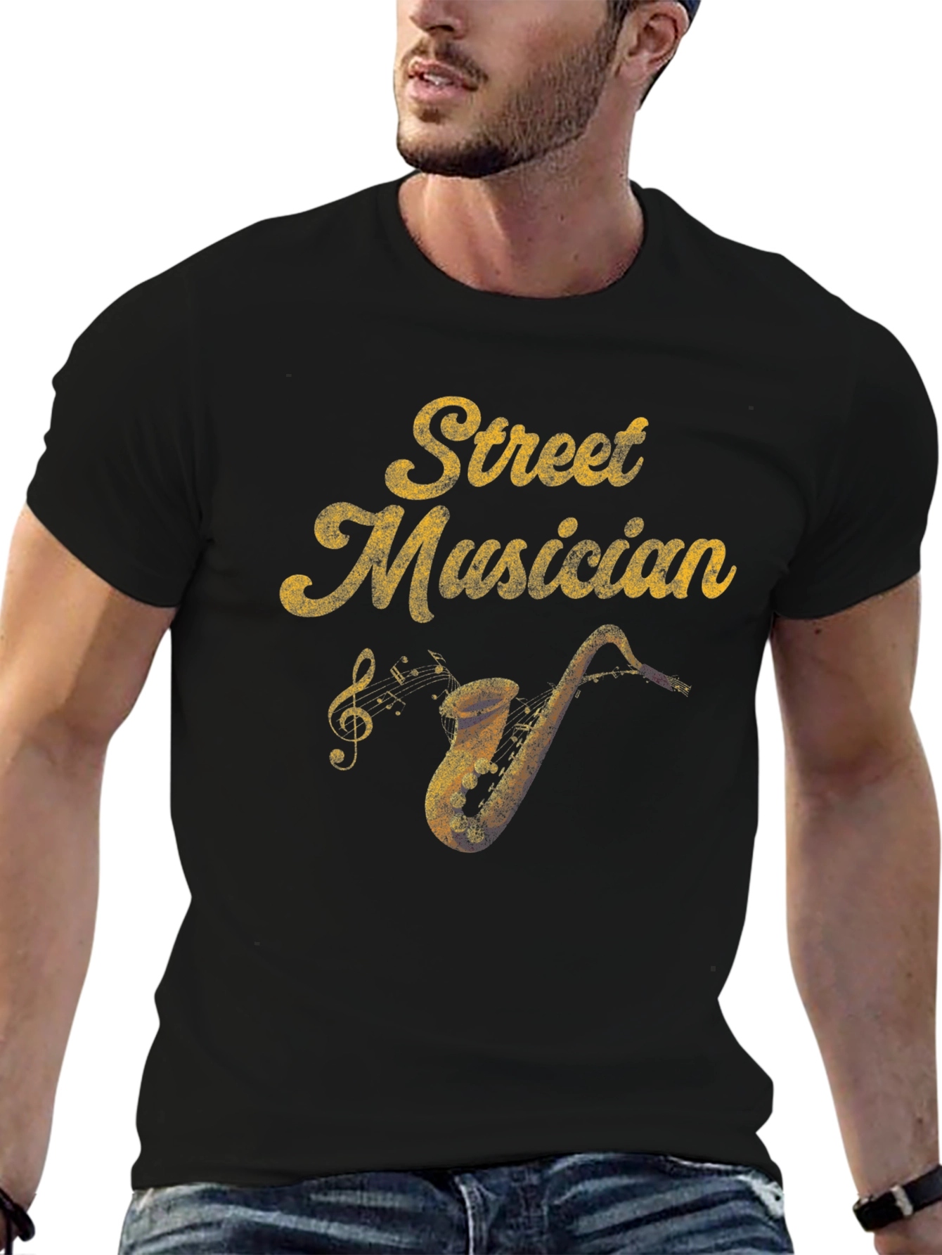 Street Musician Graphic Tee - Black Saxophone T-Shirt