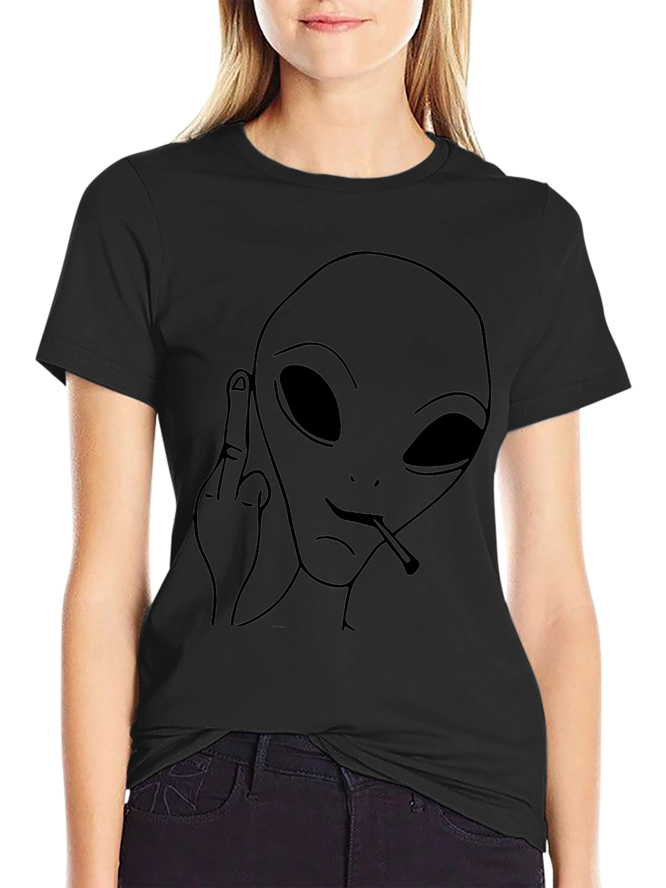 Alien Middle Finger Graphic Tee - Black