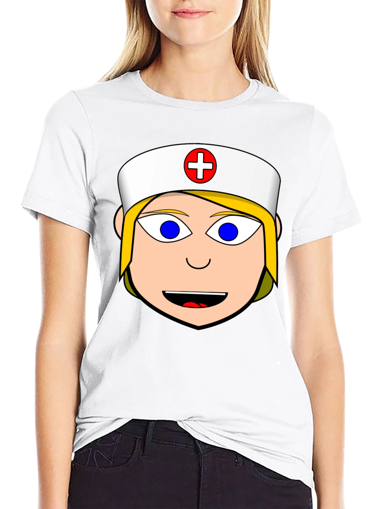 Nurse Cartoon Graphic Tee - Black Cotton Blend Shirt