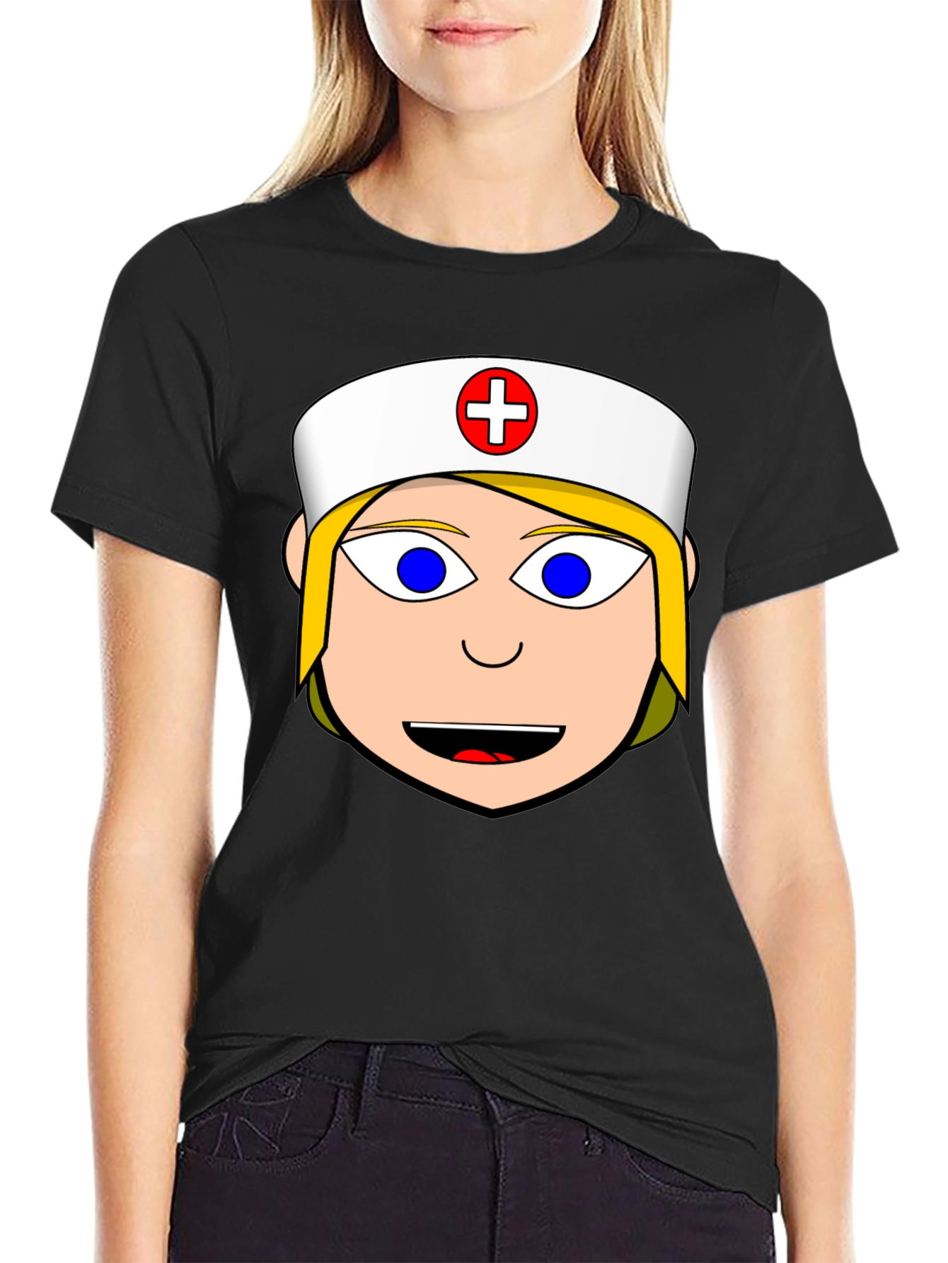 Nurse Cartoon Graphic Tee - Black Cotton Blend Shirt