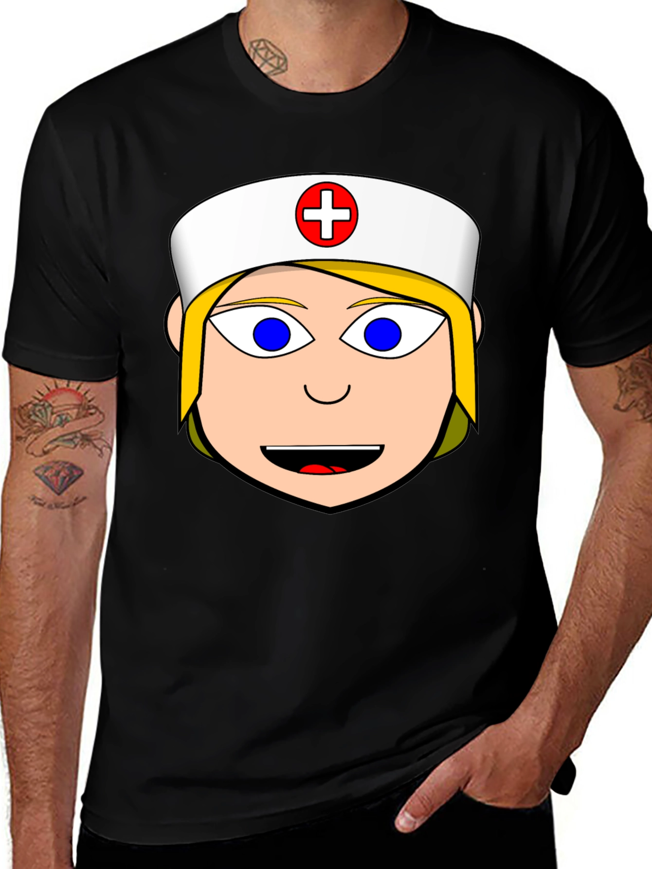 Nurse Cartoon Graphic Tee - Black Cotton Blend Shirt