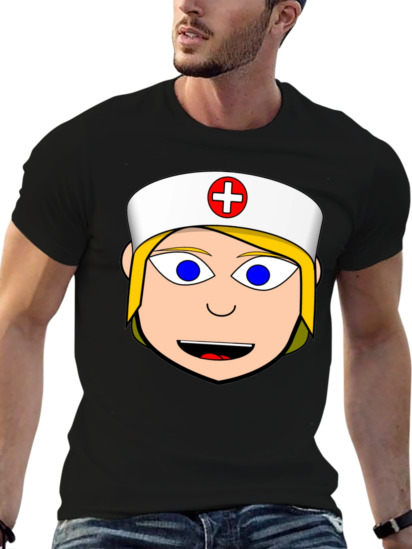 Nurse Cartoon Graphic Tee - Black Cotton Blend Shirt