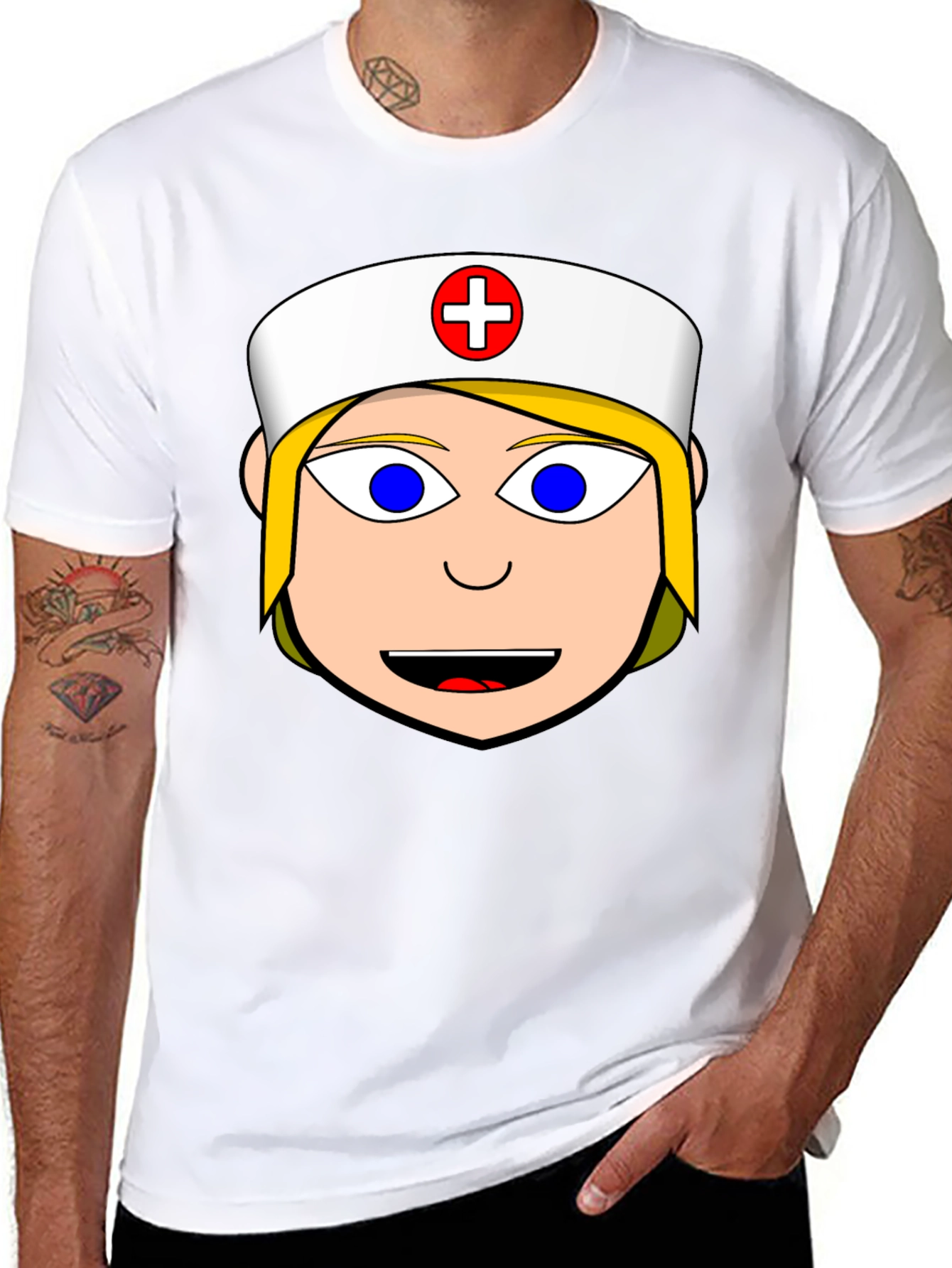 Nurse Cartoon Graphic Tee - Black Cotton Blend Shirt