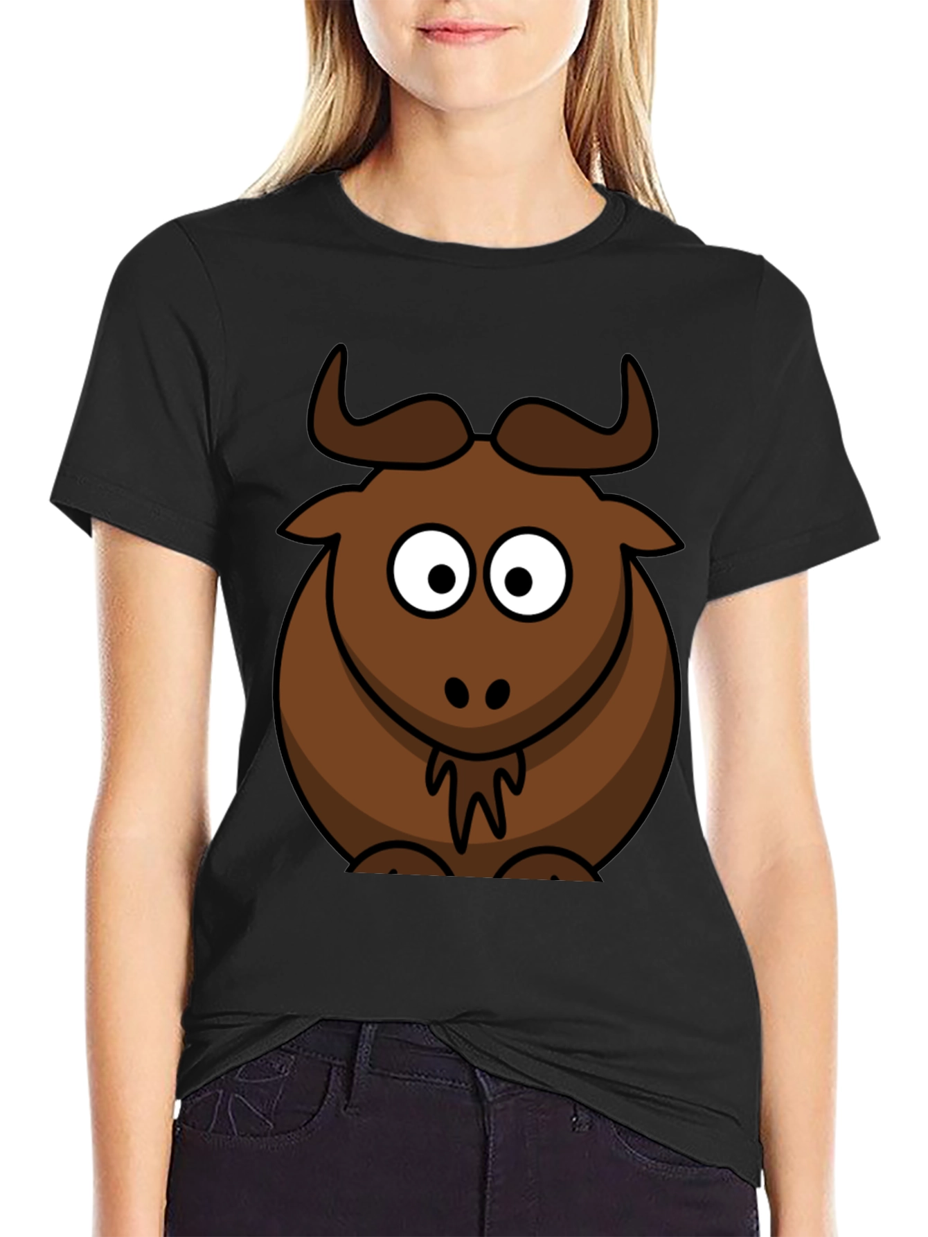 Cartoon Bull Graphic Tee - Black Cotton T-Shirt