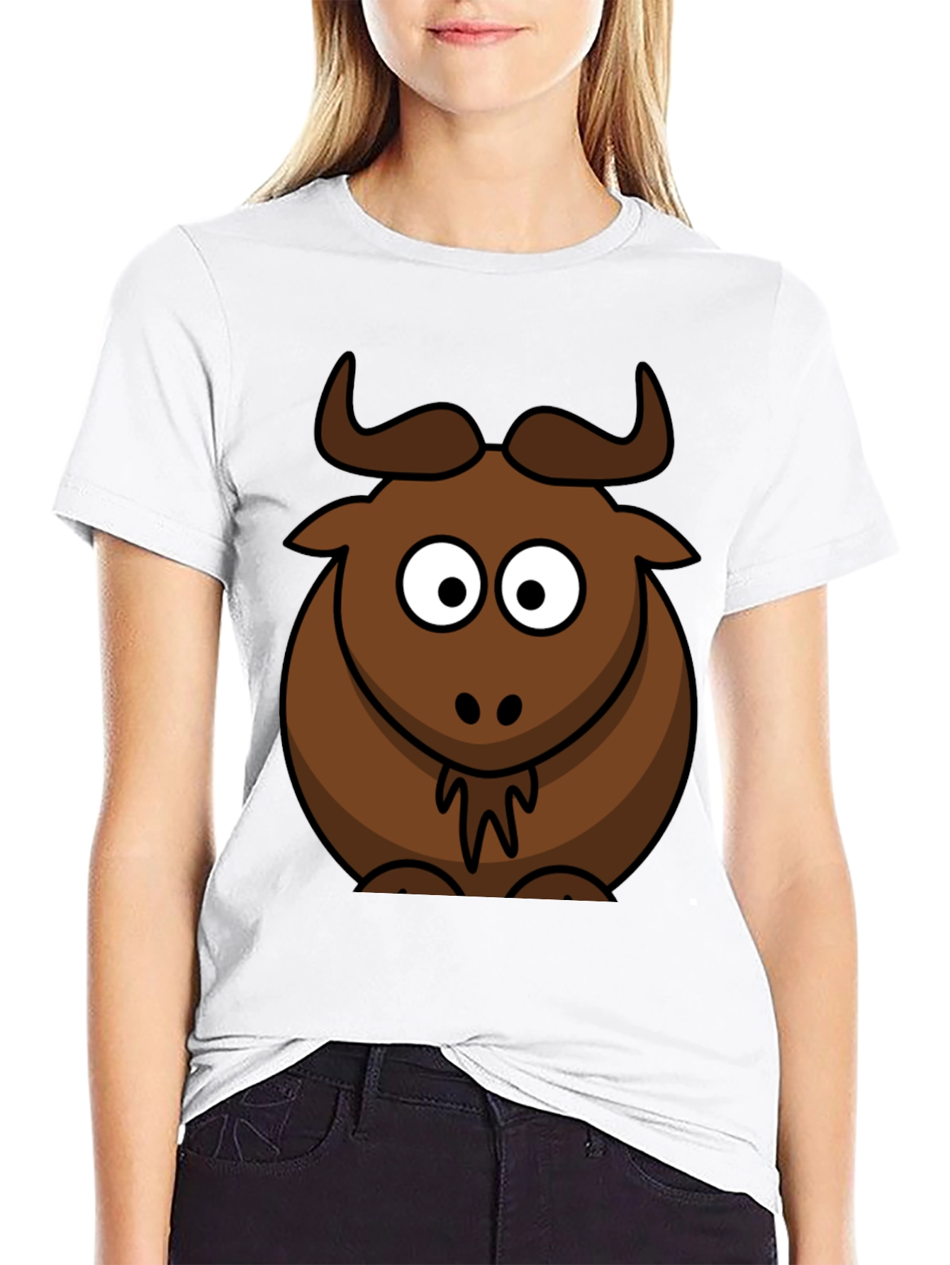 Cartoon Bull Graphic Tee - Black Cotton T-Shirt