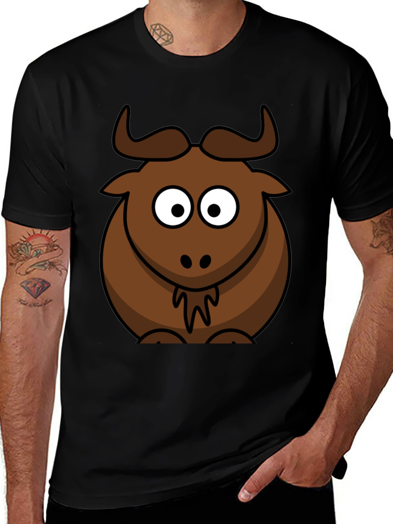 Cartoon Bull Graphic Tee - Black Cotton T-Shirt