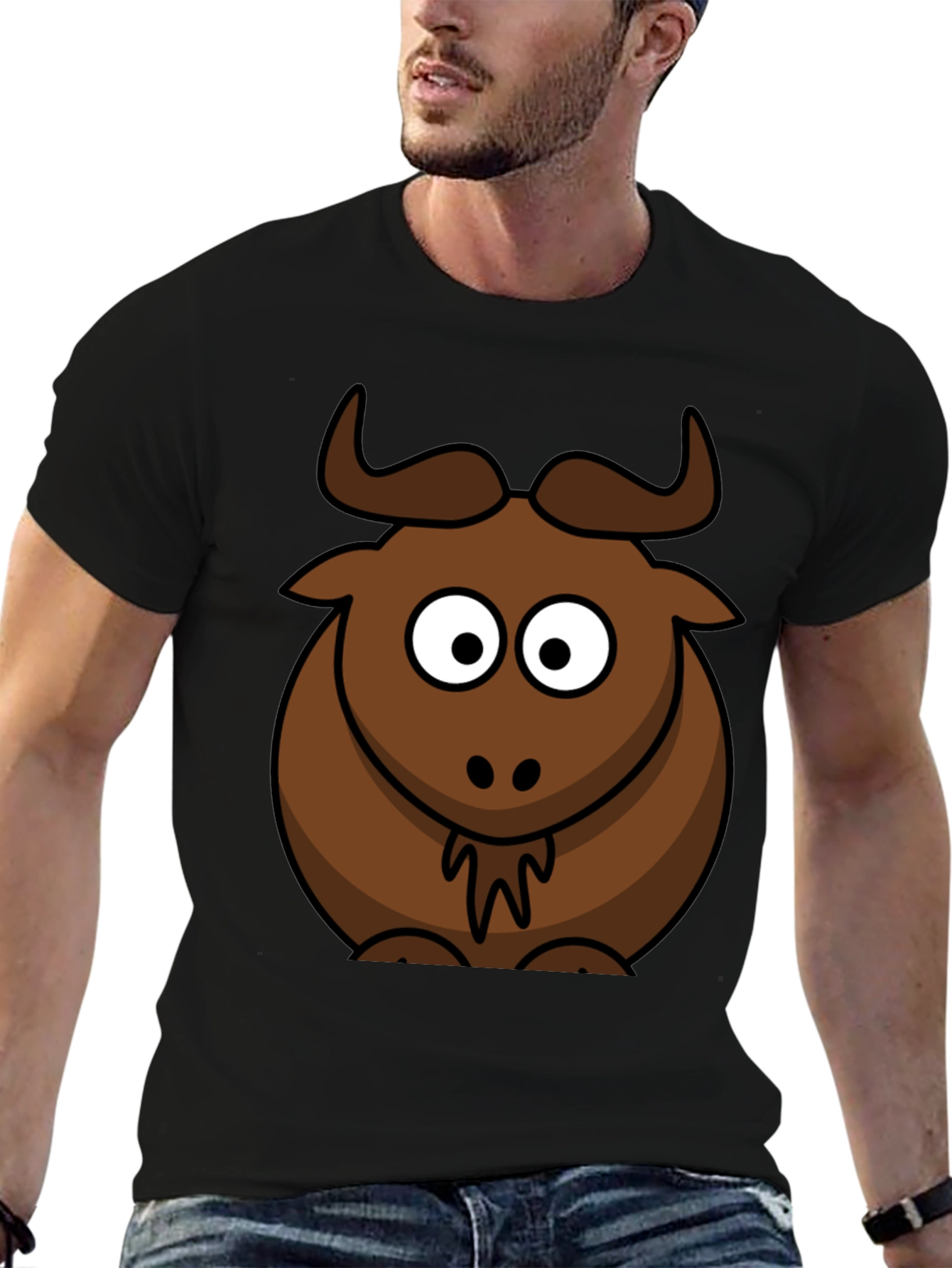 Cartoon Bull Graphic Tee - Black Cotton T-Shirt