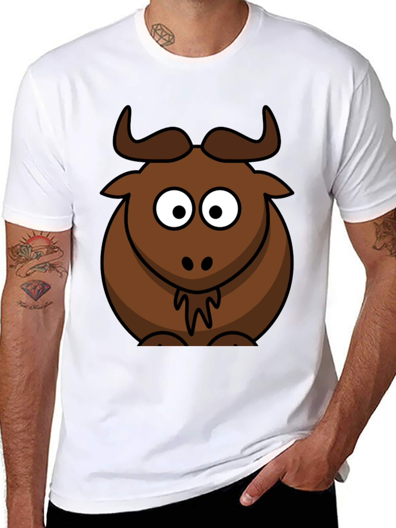 Cartoon Bull Graphic Tee - Black Cotton T-Shirt