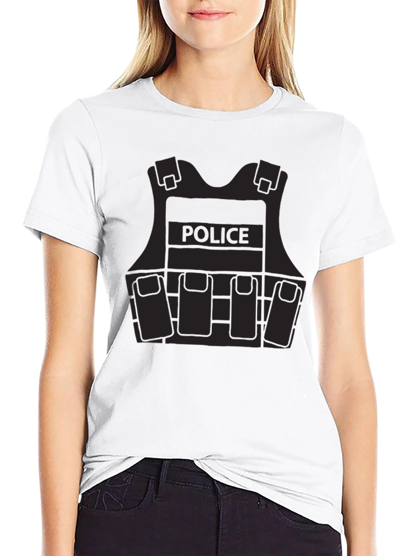 Police Vest Graphic Tee - Black Cotton Blend