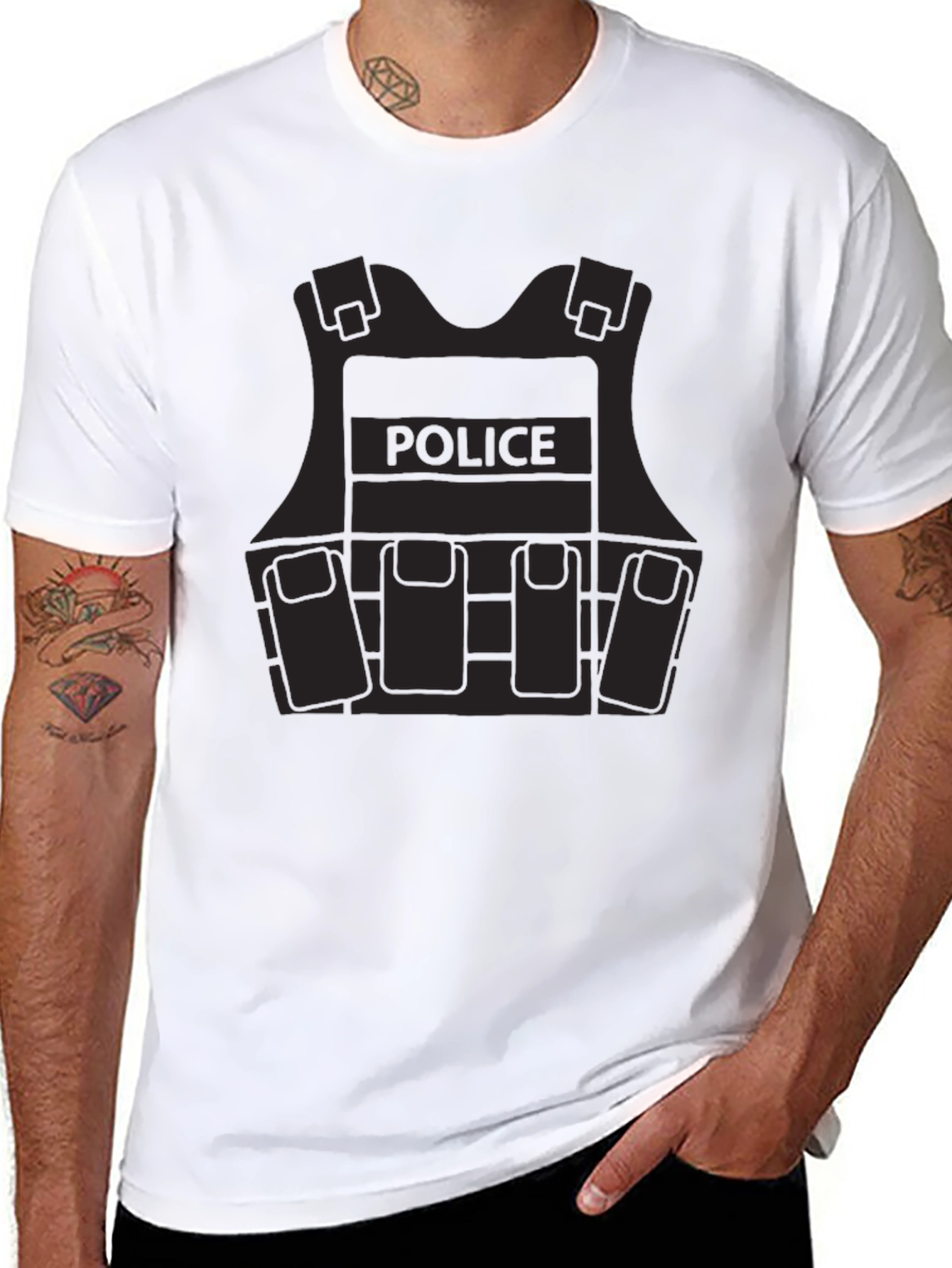 Police Vest Graphic Tee - Black Cotton Blend