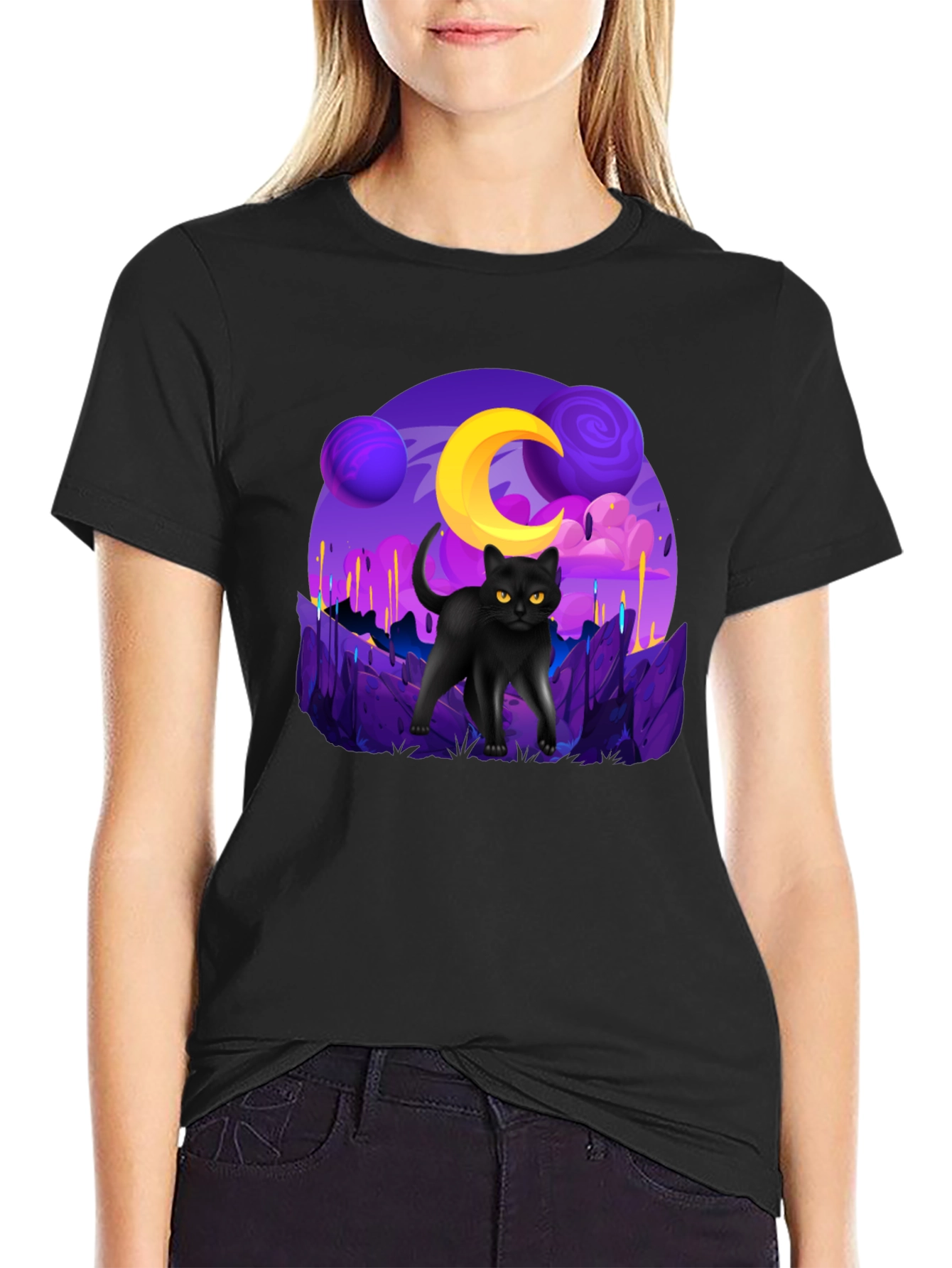 Cosmic Cat Graphic Tee - Unisex Black T-Shirt