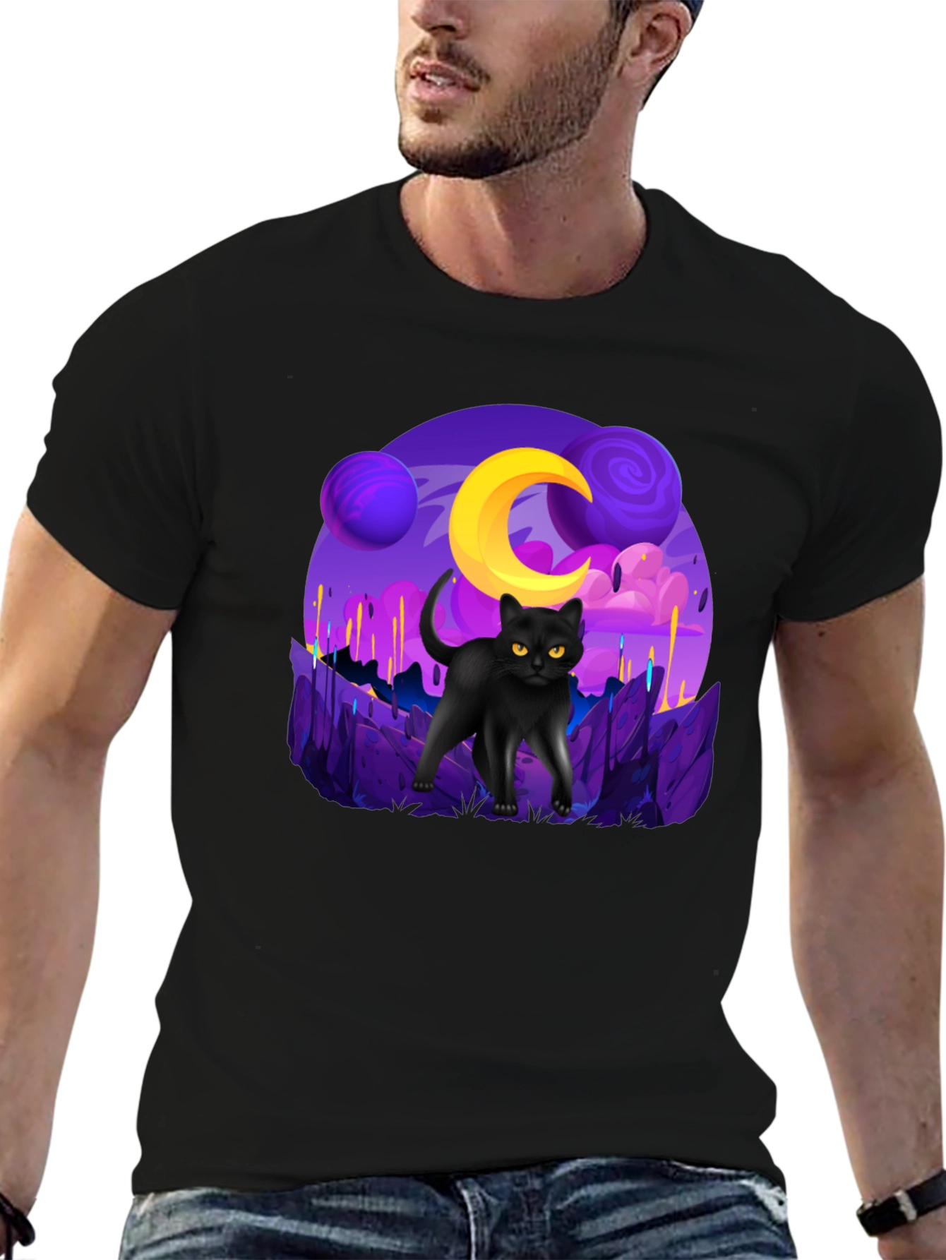 Cosmic Cat Graphic Tee - Unisex Black T-Shirt