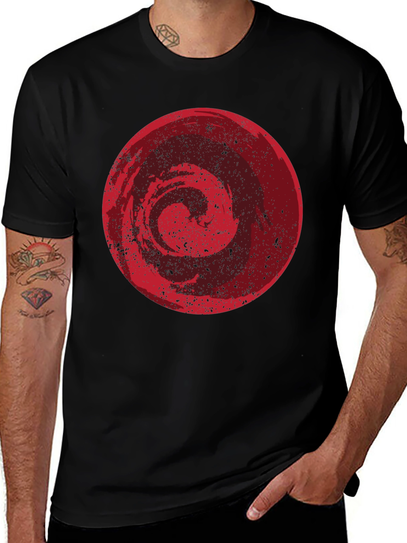 Abstract Red Circle Graphic Black T-Shirt