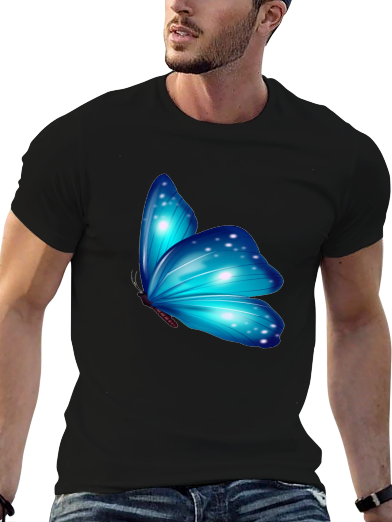 Blue Butterfly Graphic Black T-Shirt