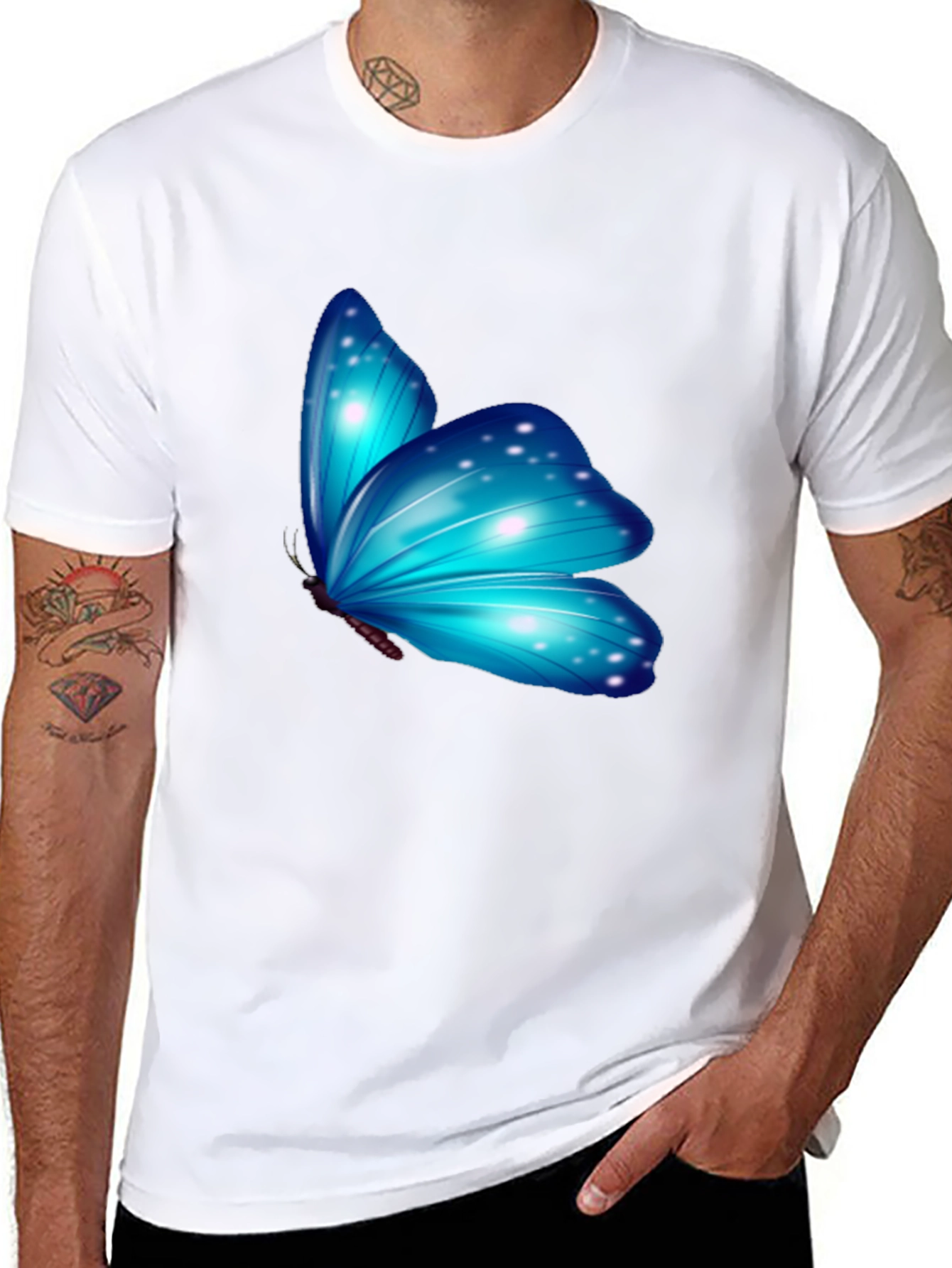 Blue Butterfly Graphic Black T-Shirt