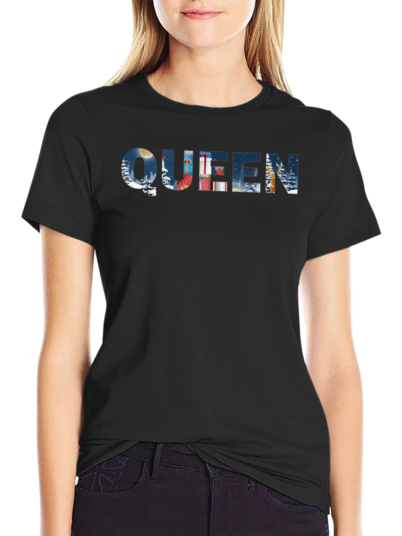 Queen Winter Scene Black T-Shirt