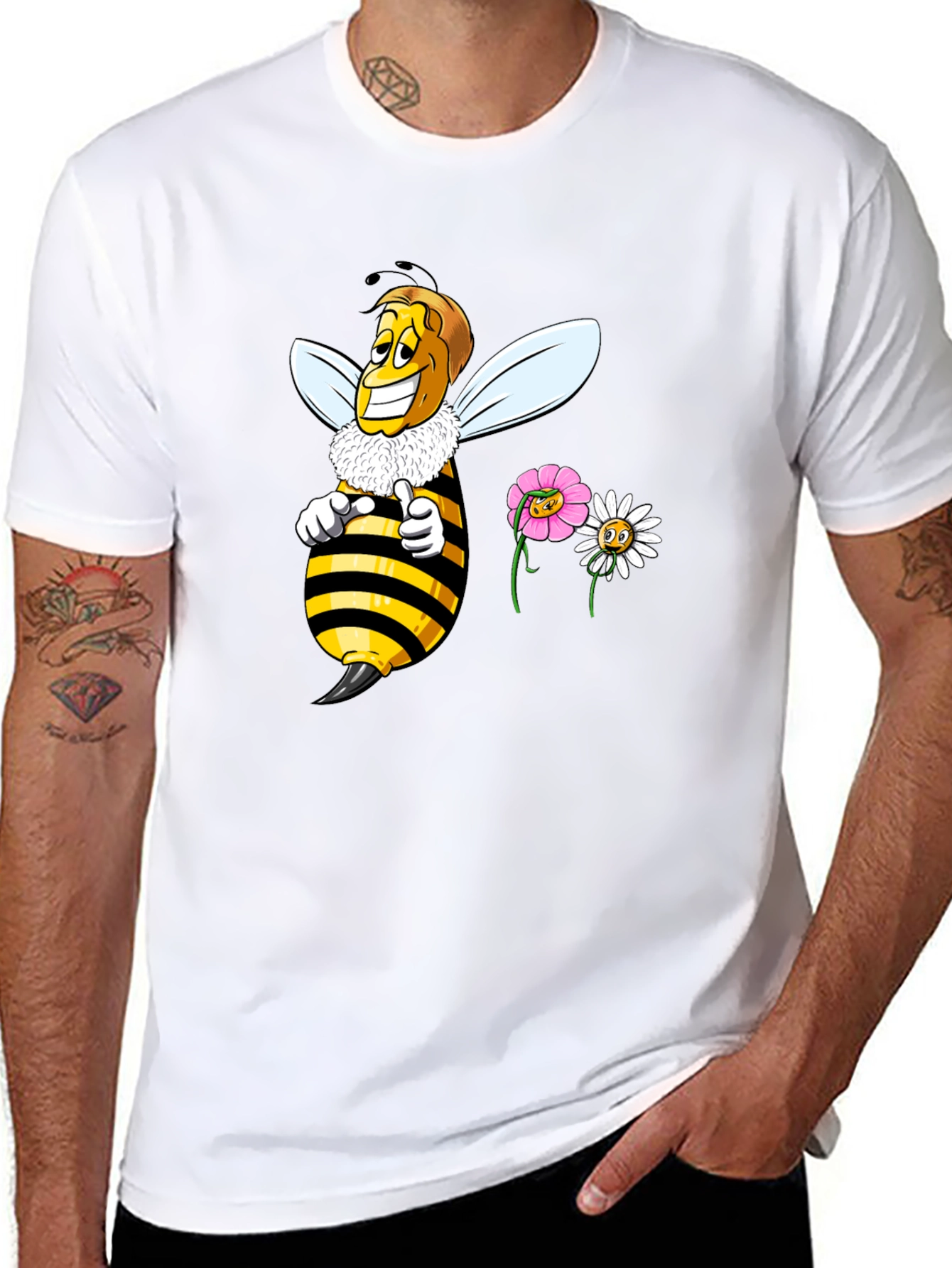 Funny Bee & Flowers Graphic Black T-Shirt