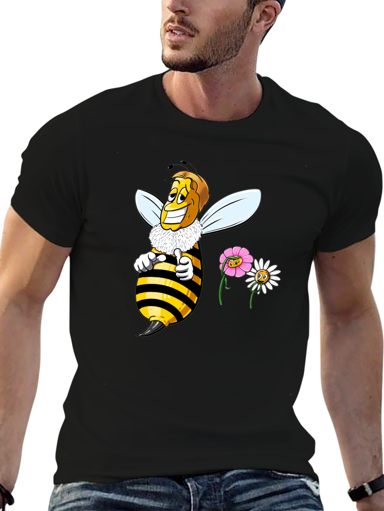 Funny Bee & Flowers Graphic Black T-Shirt