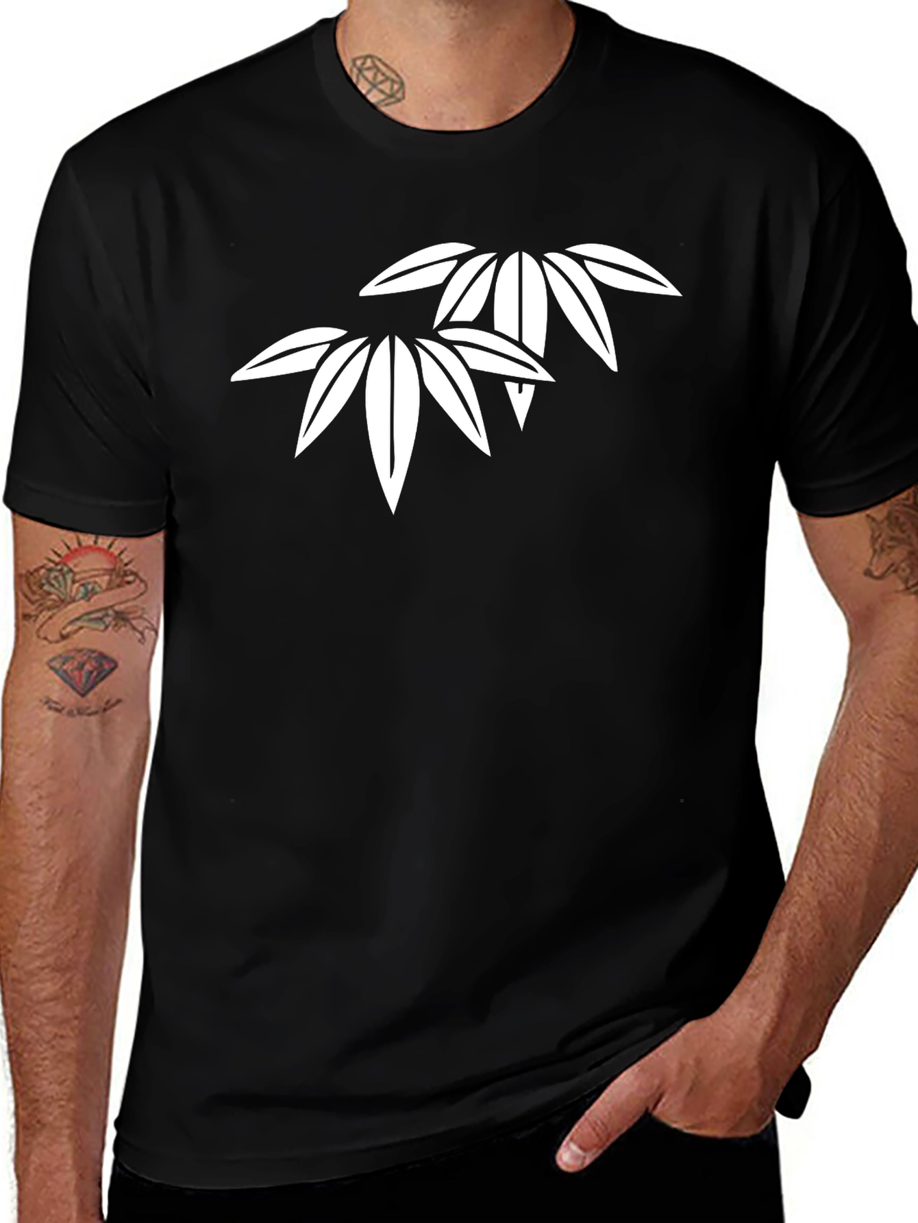 Minimalist Bamboo Leaf Graphic Black T-Shirt