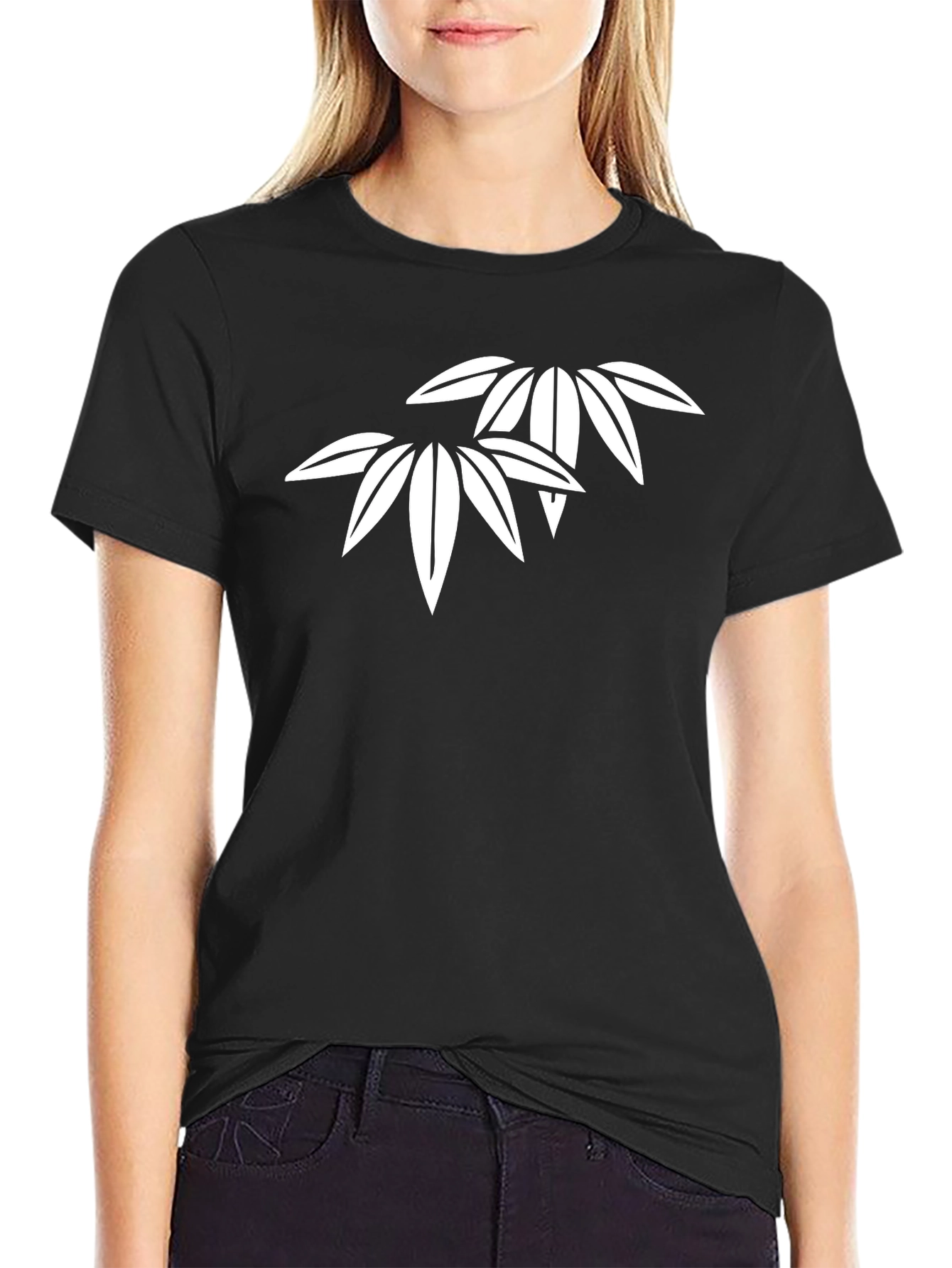 Minimalist Bamboo Leaf Graphic Black T-Shirt