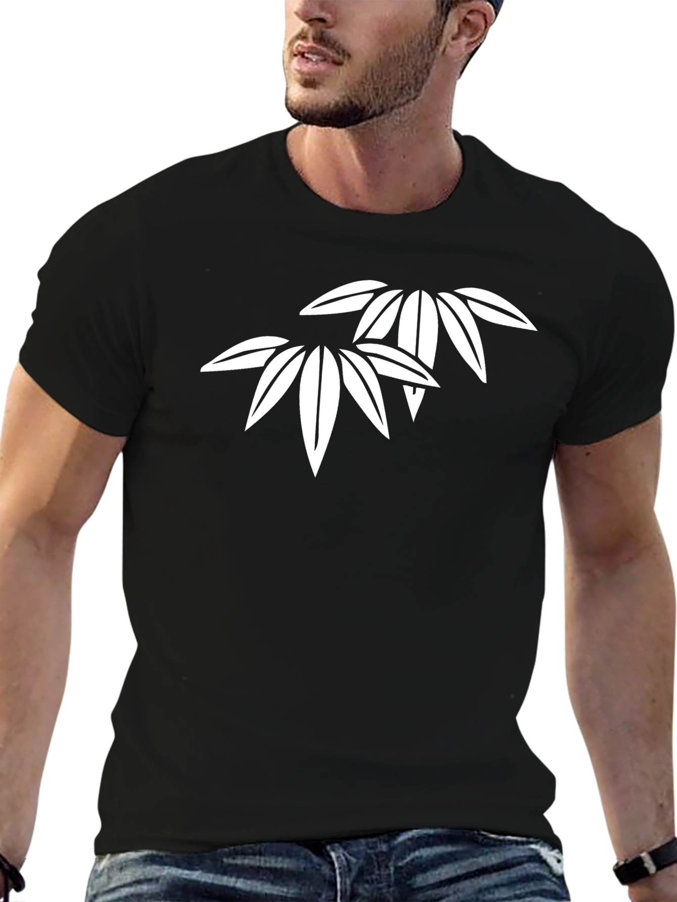 Minimalist Bamboo Leaf Graphic Black T-Shirt