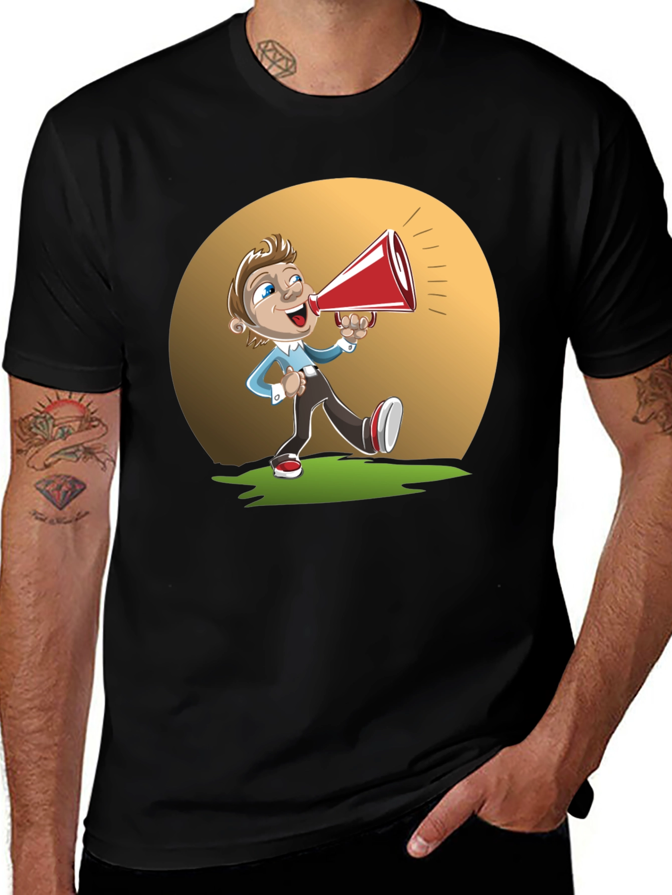 Cartoon Man with Megaphone Graphic T-Shirt