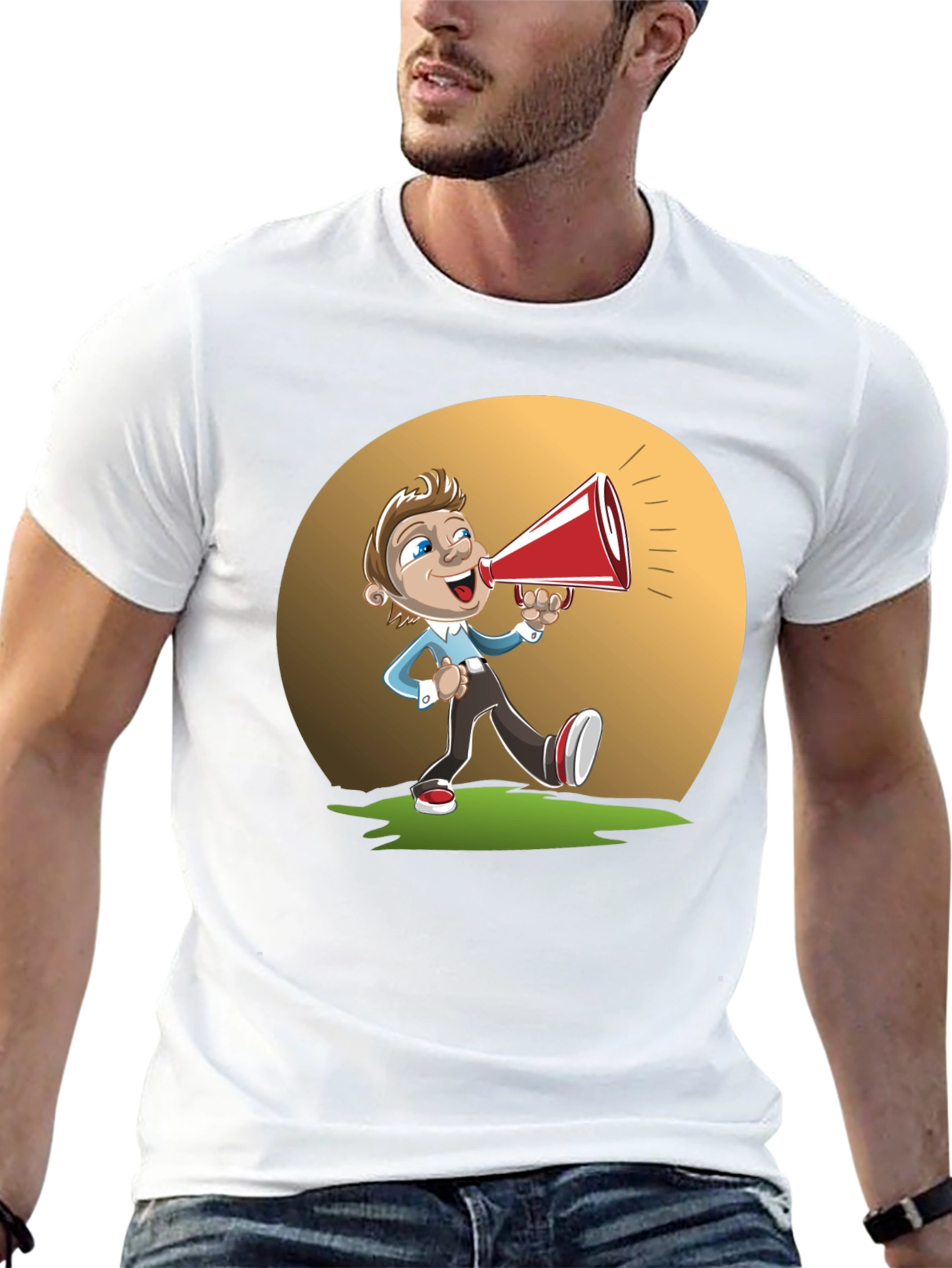 Cartoon Man with Megaphone Graphic T-Shirt