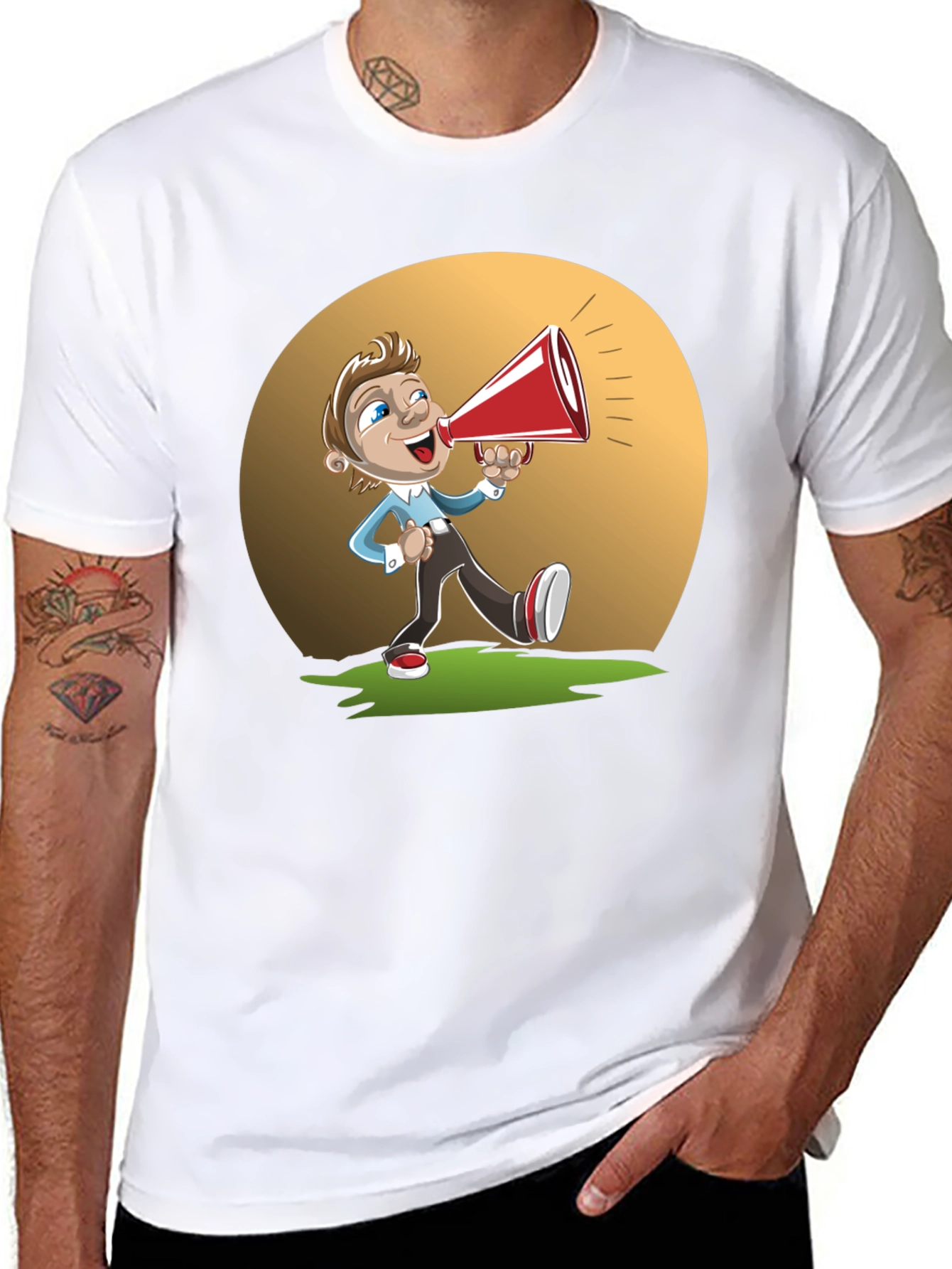 Cartoon Man with Megaphone Graphic T-Shirt