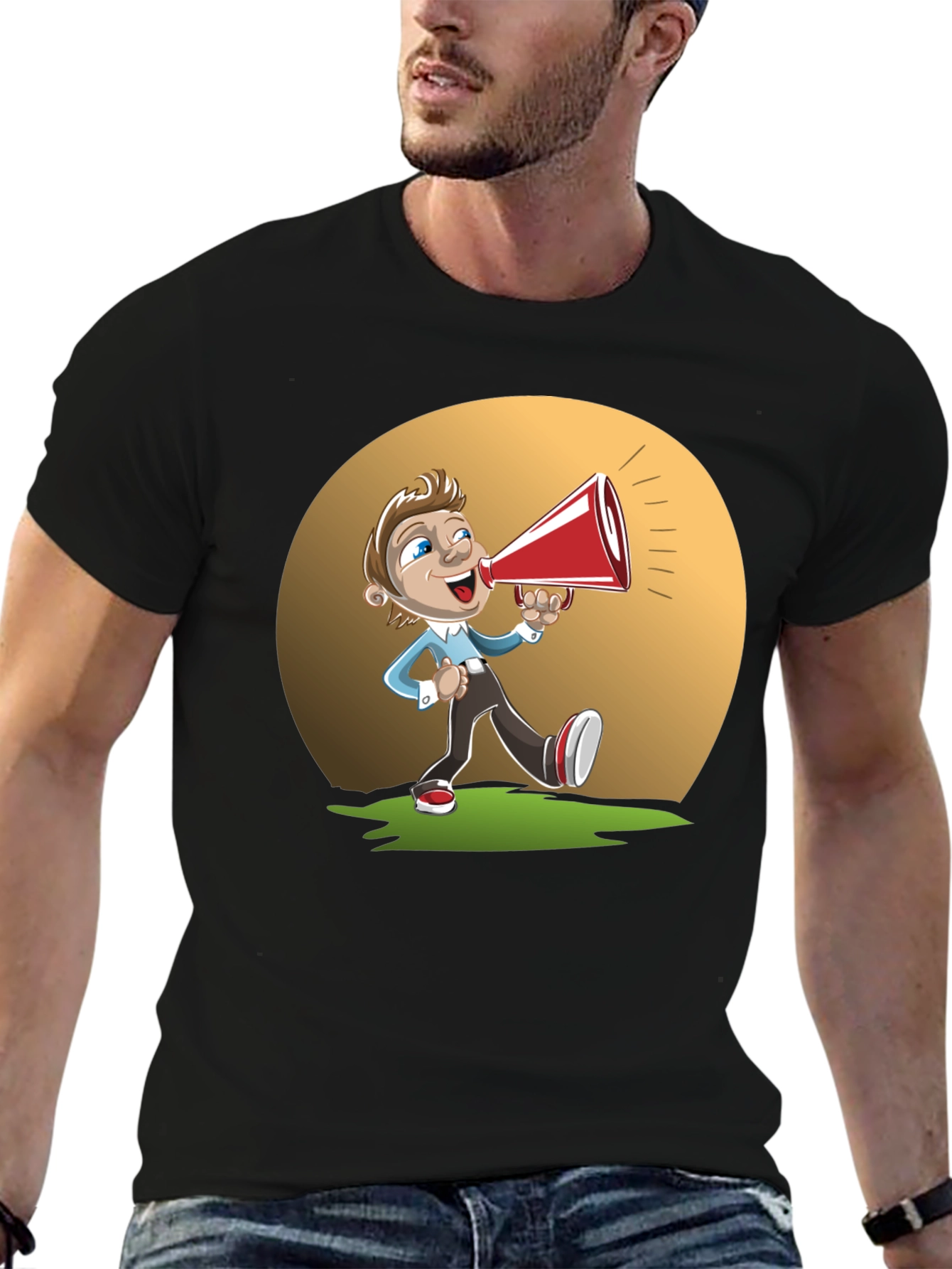 Cartoon Man with Megaphone Graphic T-Shirt
