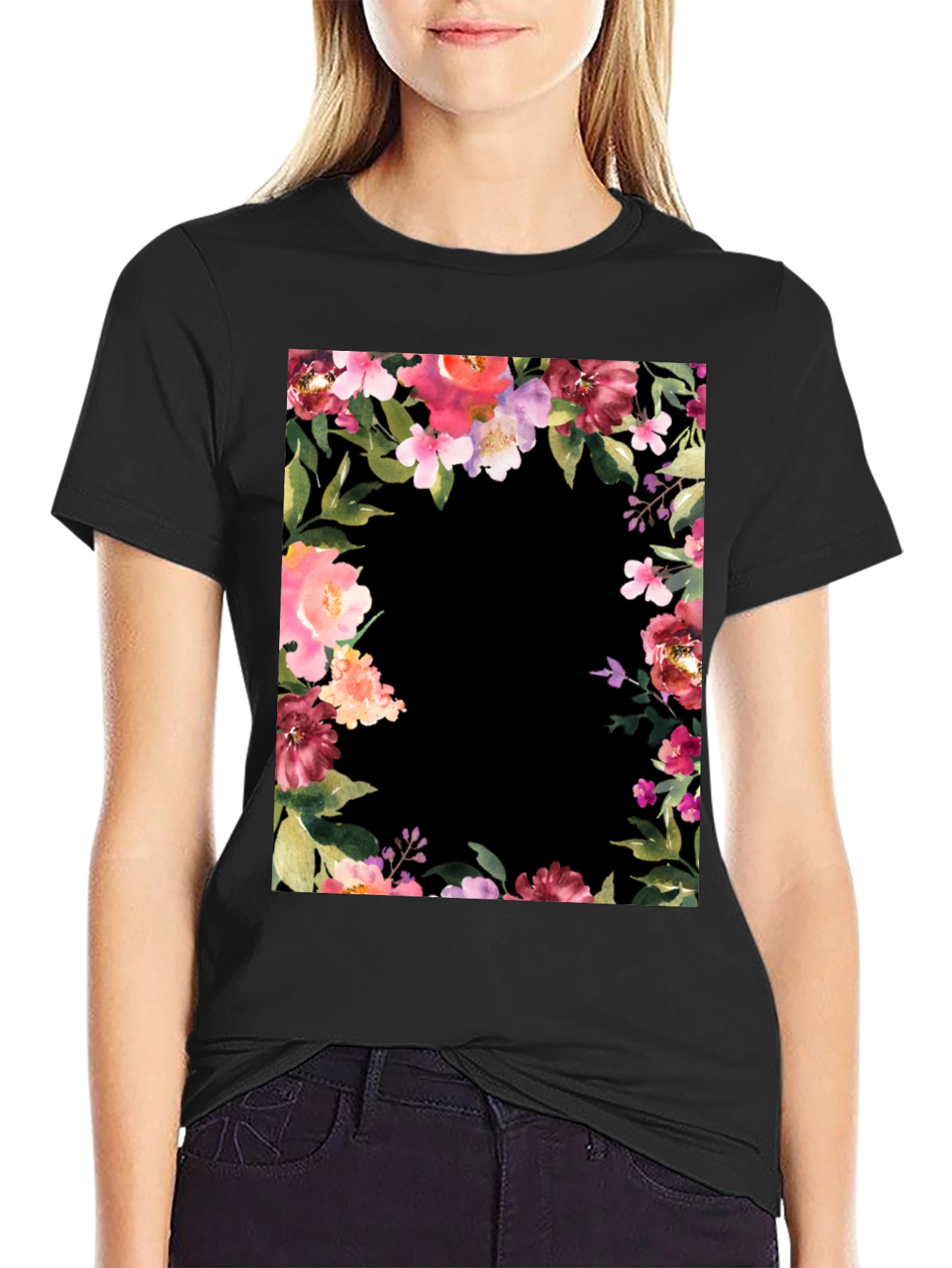Floral Frame Black T-Shirt