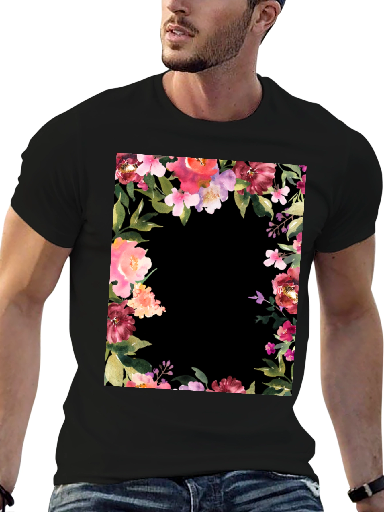 Floral Frame Black T-Shirt
