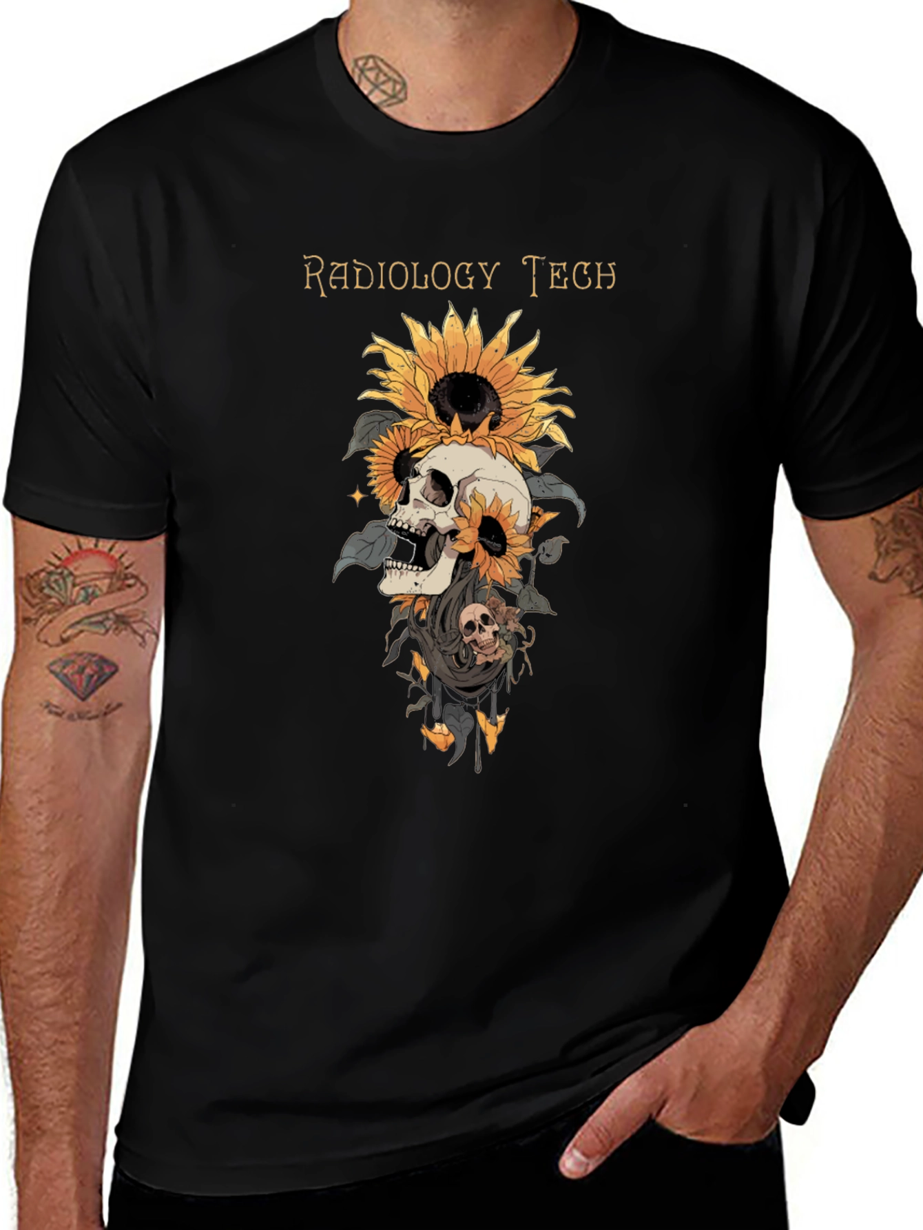 Radiology Tech Skull & Sunflower Graphic T-Shirt