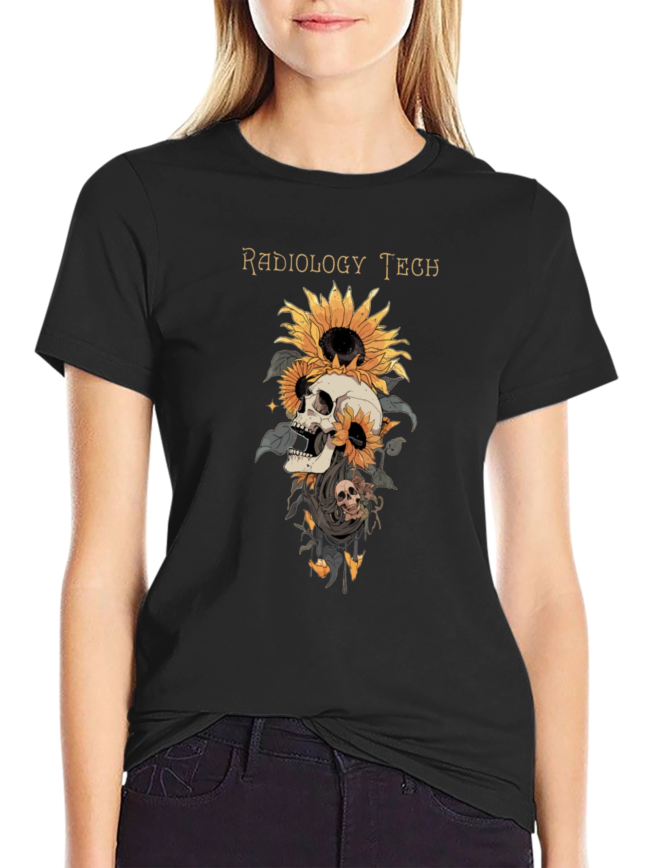 Radiology Tech Skull & Sunflower Graphic T-Shirt
